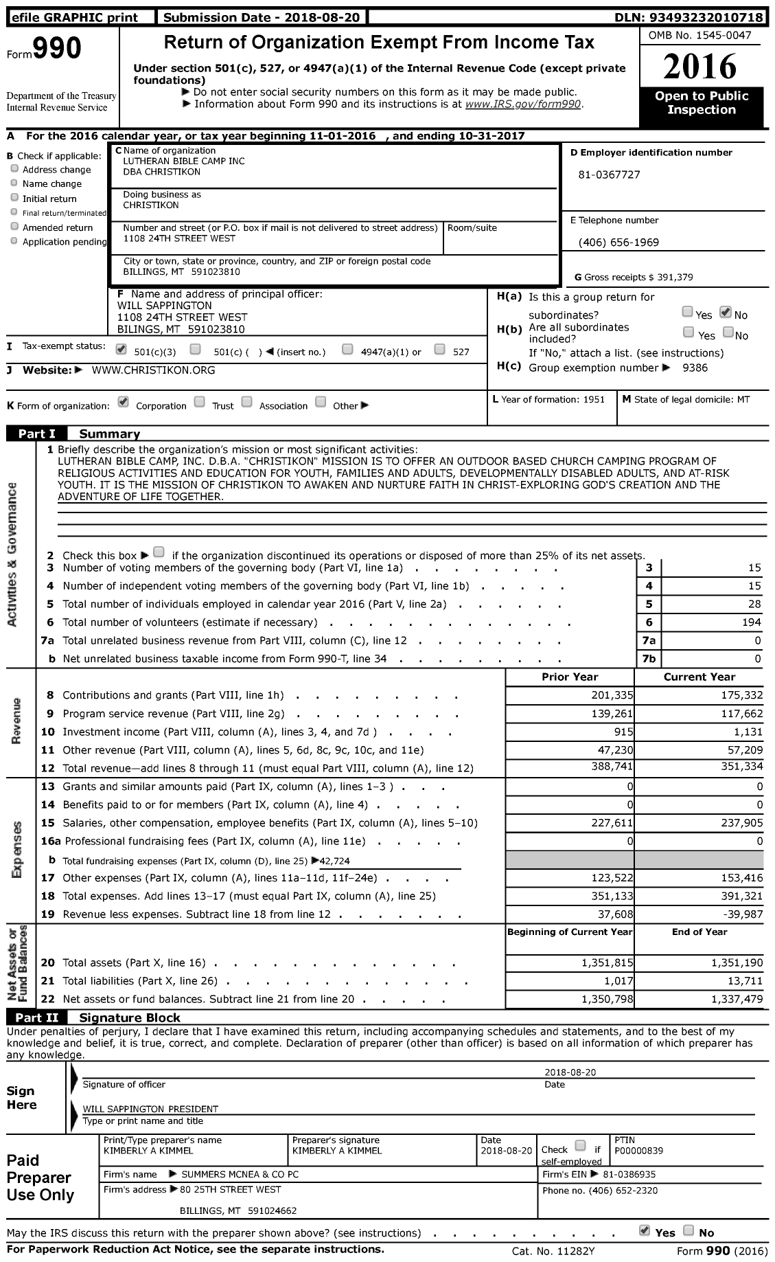 Image of first page of 2016 Form 990 for Christikon