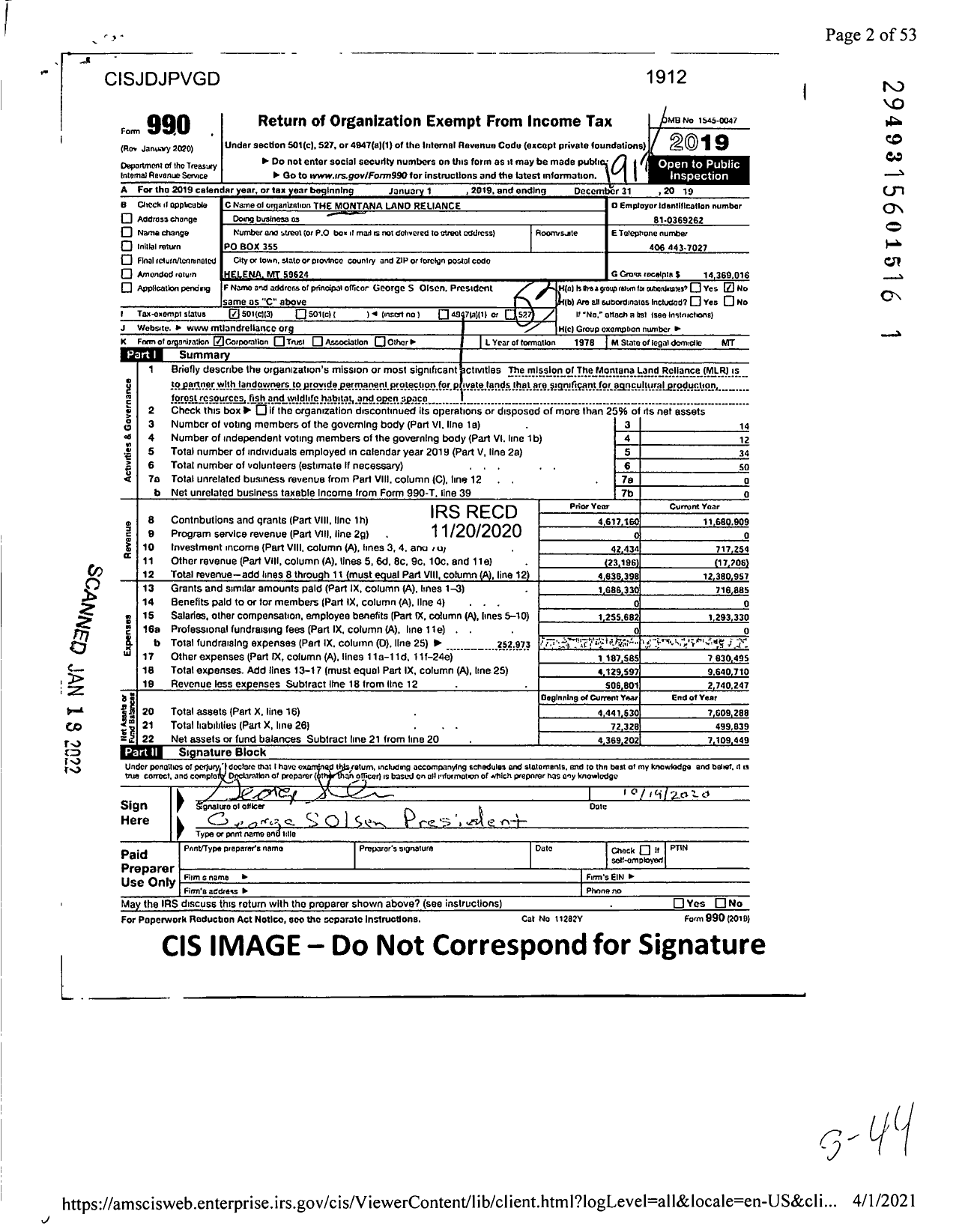 Image of first page of 2019 Form 990 for Montana Land Reliance