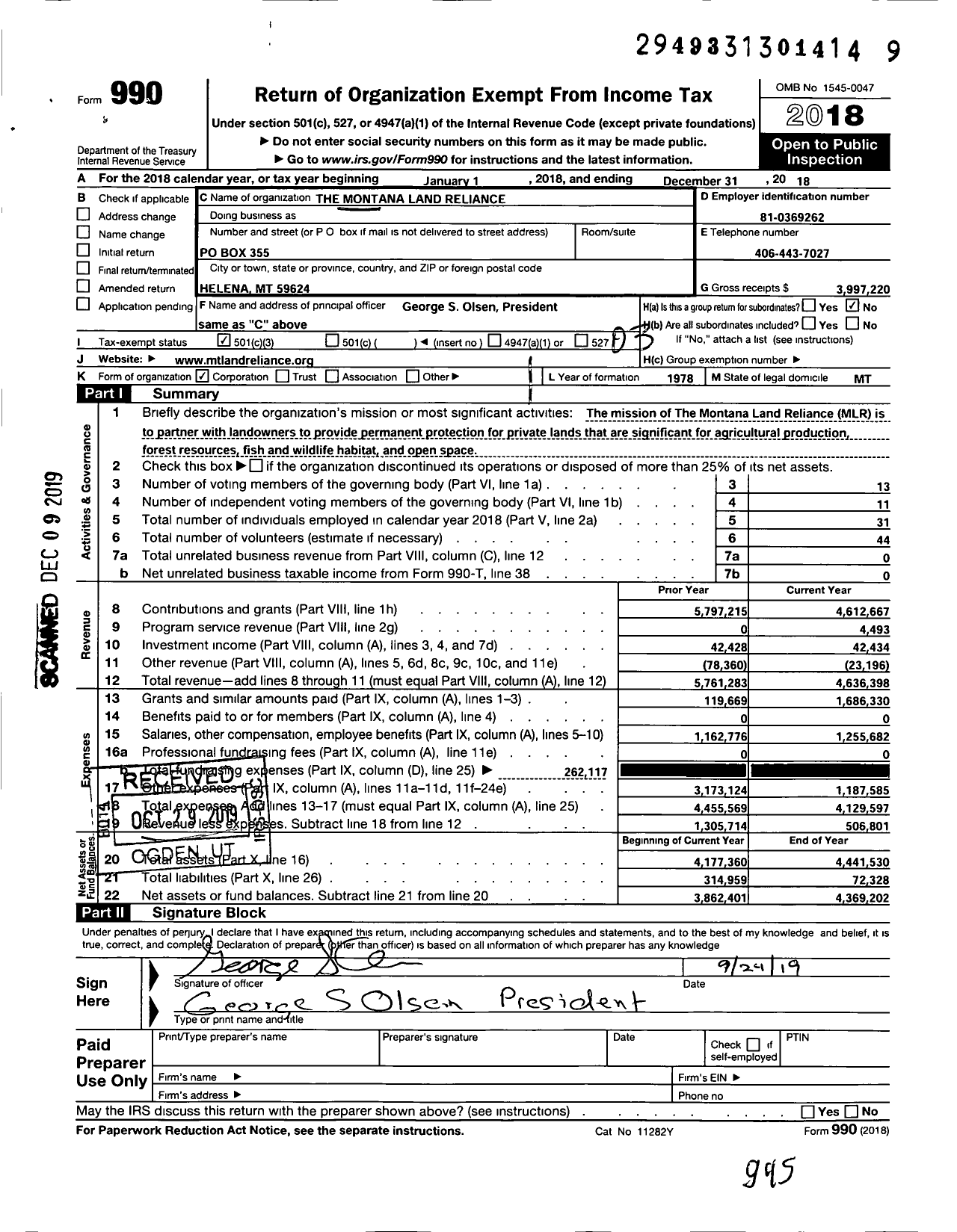Image of first page of 2018 Form 990 for Montana Land Reliance