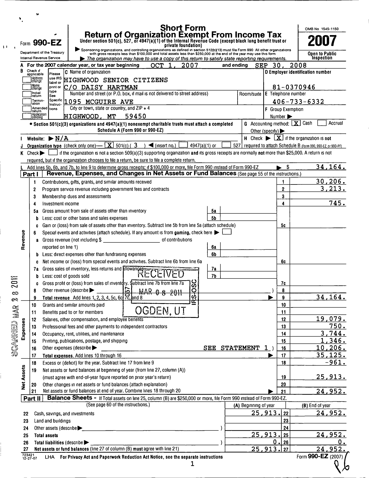Image of first page of 2007 Form 990EZ for Highwood Senior Citizens (HSC)