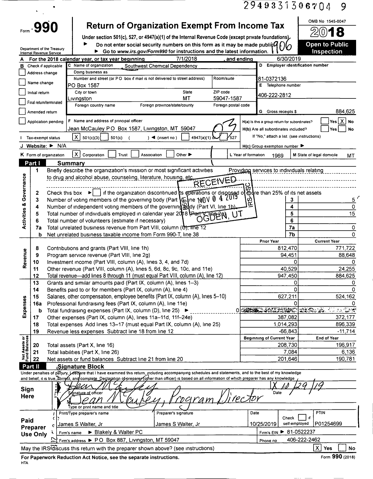 Image of first page of 2018 Form 990 for Southwest Chemical Dependency Program