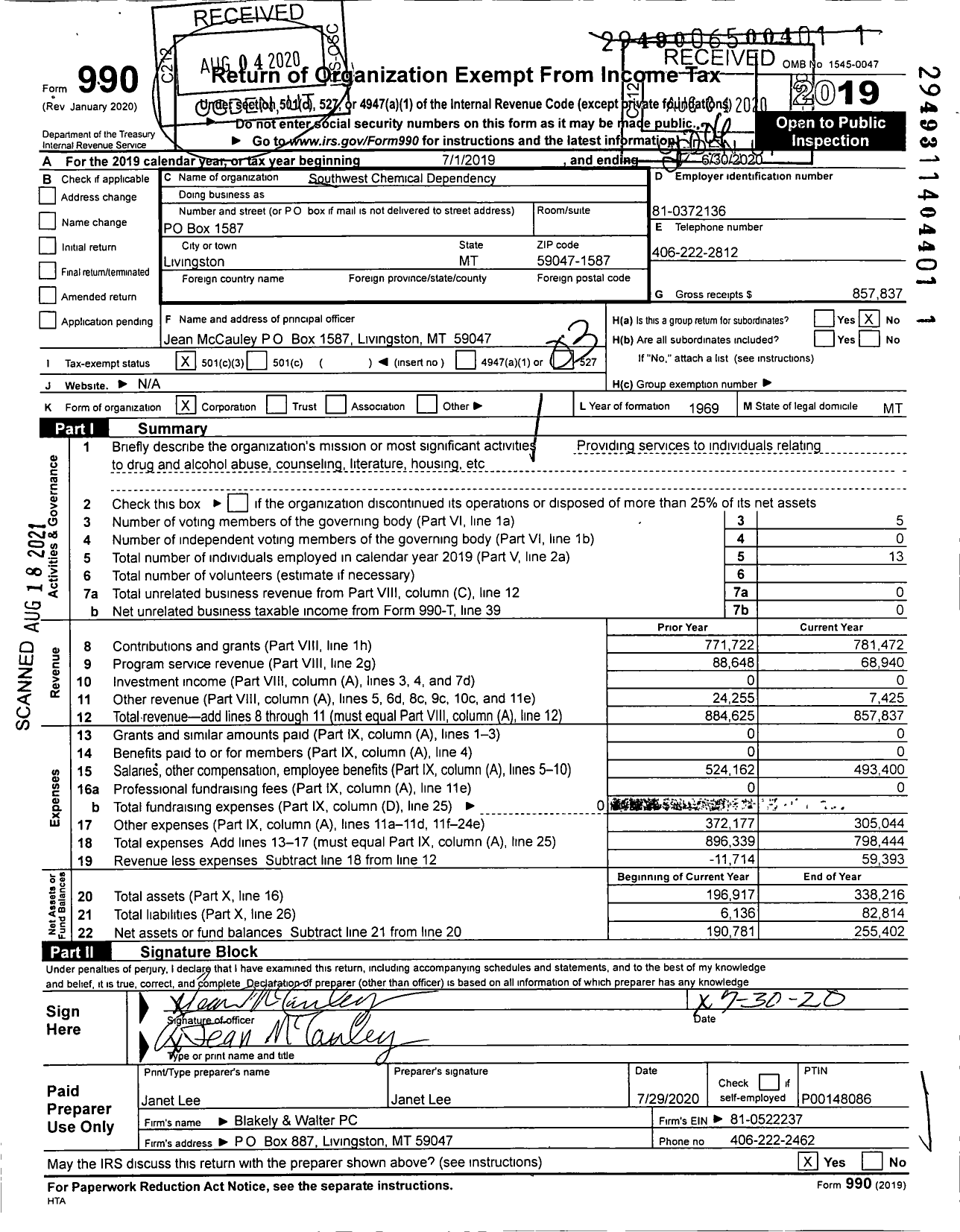 Image of first page of 2019 Form 990 for Southwest Chemical Dependency Program