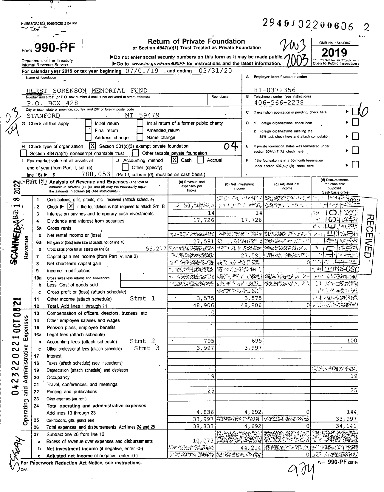 Image of first page of 2019 Form 990PF for Hurst Sorenson Memorial Fund