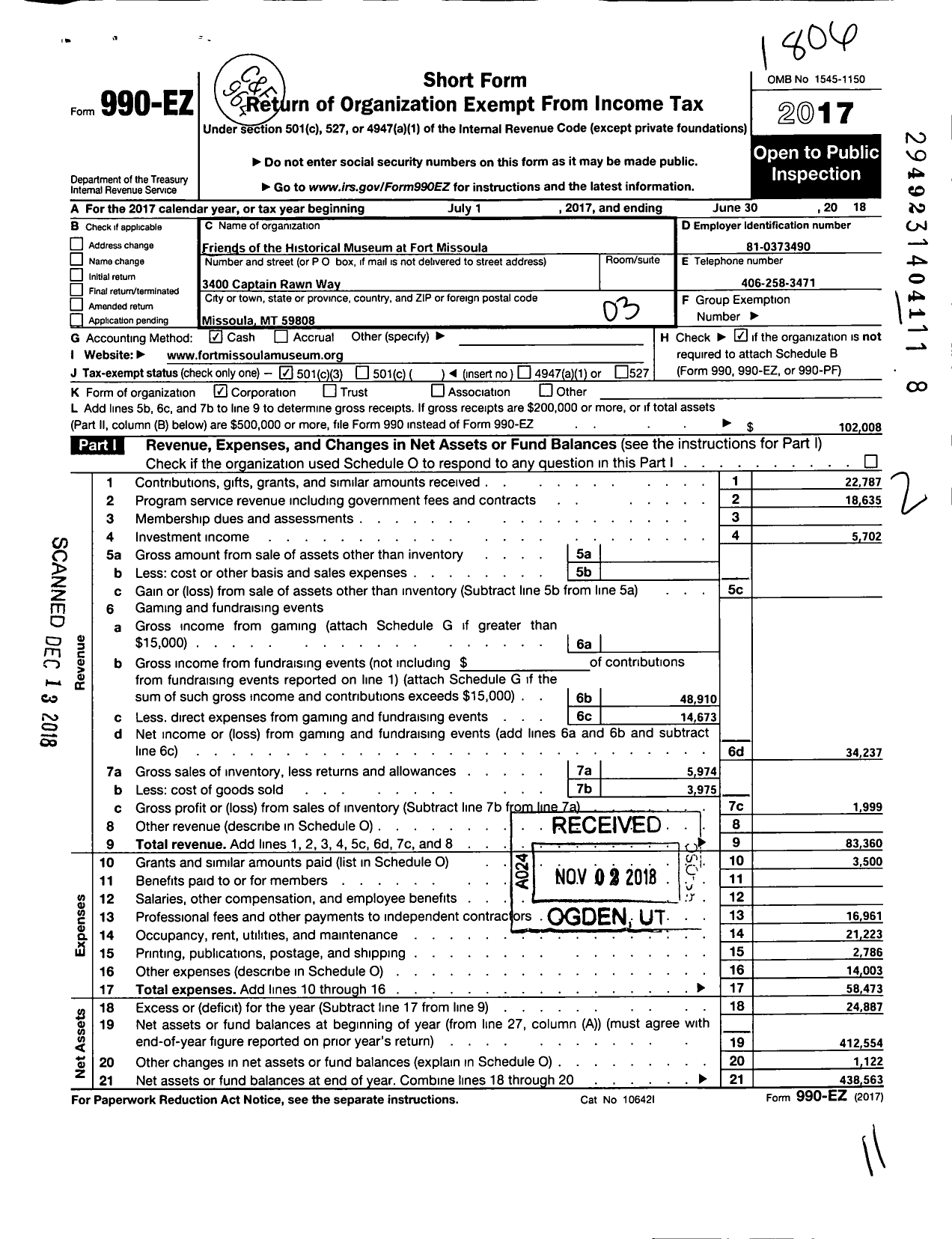 Image of first page of 2017 Form 990EZ for Friends of the Historical Museum at Fort Missoula