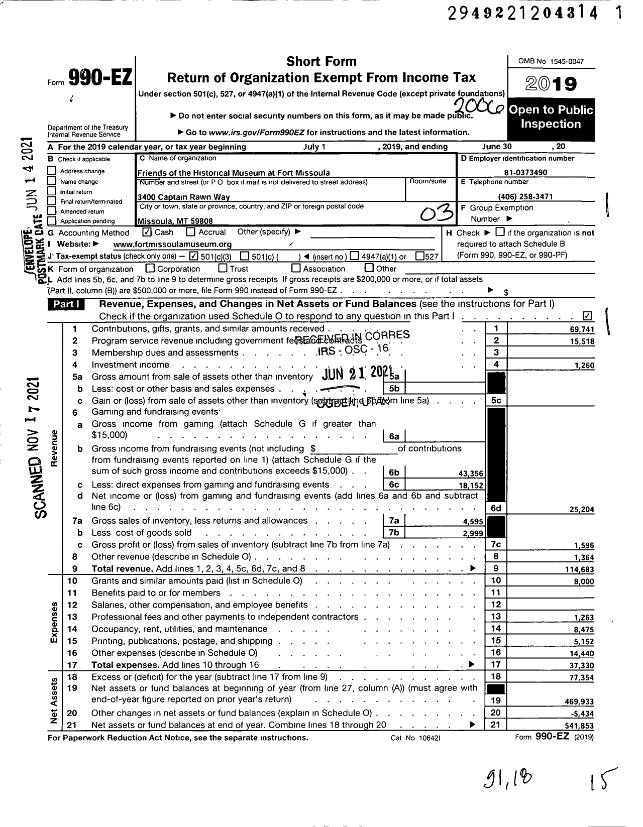 Image of first page of 2019 Form 990EZ for Friends of the Historical Museum at Fort Missoula