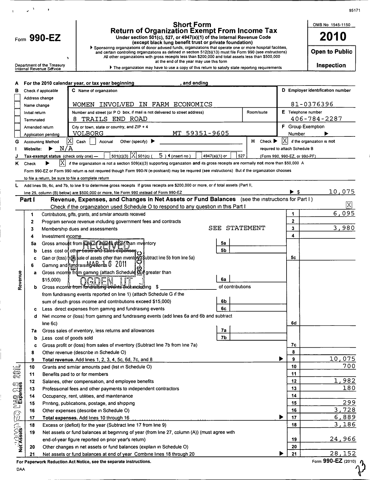 Image of first page of 2010 Form 990EO for Women Involved in Farm Economics in Montana