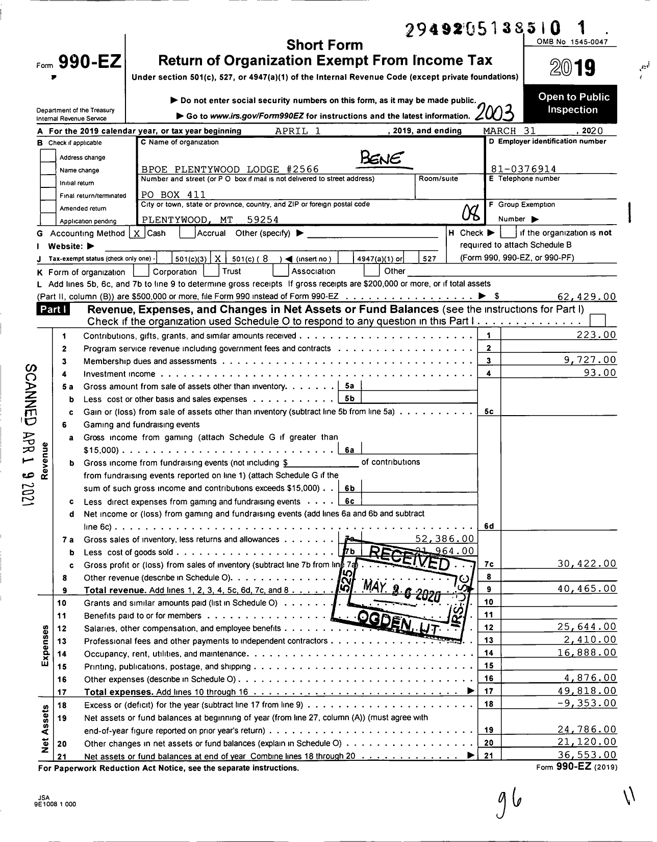 Image of first page of 2019 Form 990EO for Benevolent and Protective Order of Elks - 2566 Plentywood