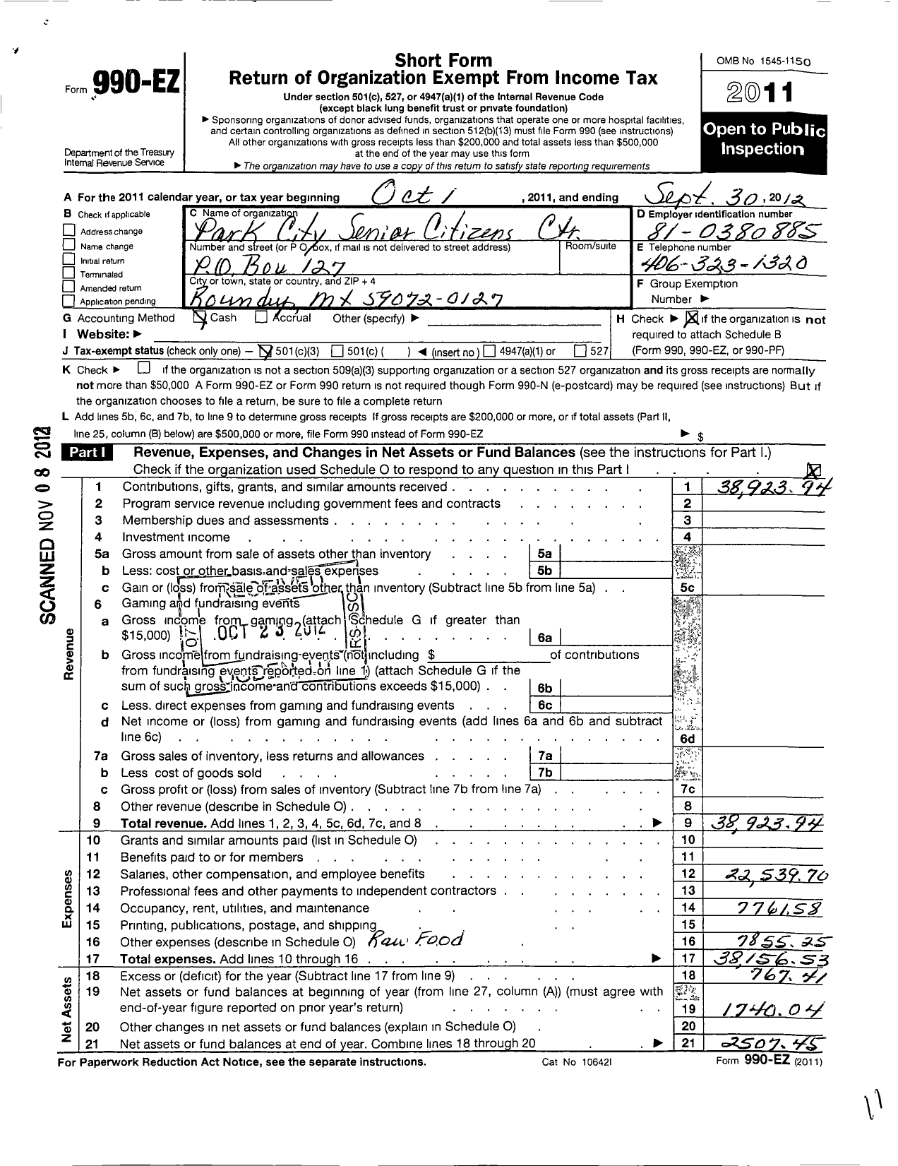 Image of first page of 2011 Form 990EZ for Park City Senior Citizens Club