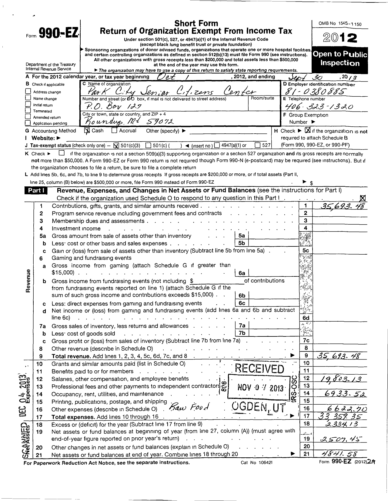 Image of first page of 2012 Form 990EZ for Park City Senior Citizens Club