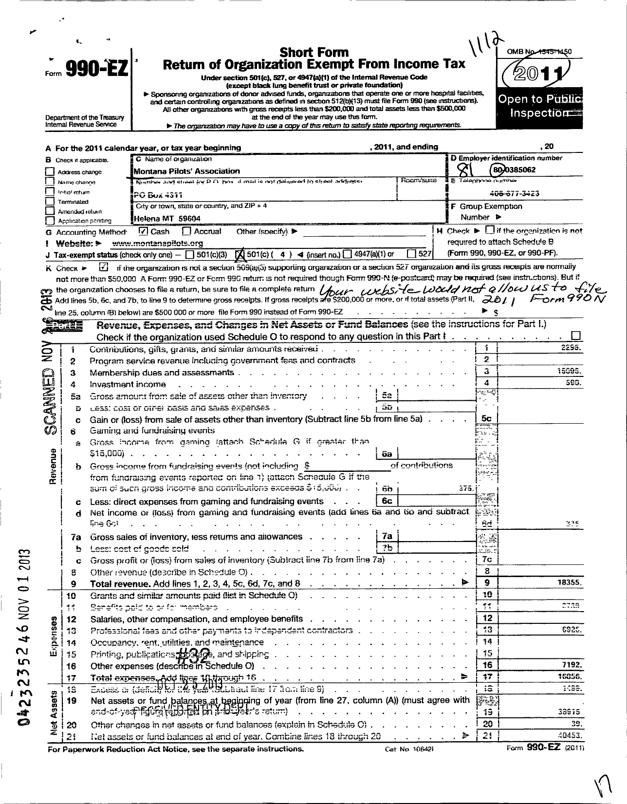 Image of first page of 2011 Form 990EO for Montana Pilots Association