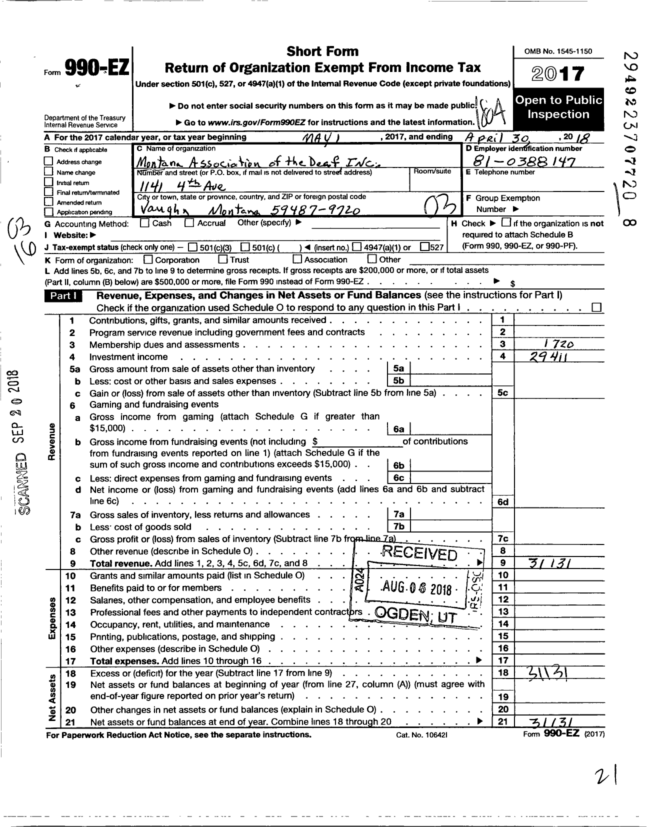 Image of first page of 2017 Form 990EZ for Montana Association of the Deaf