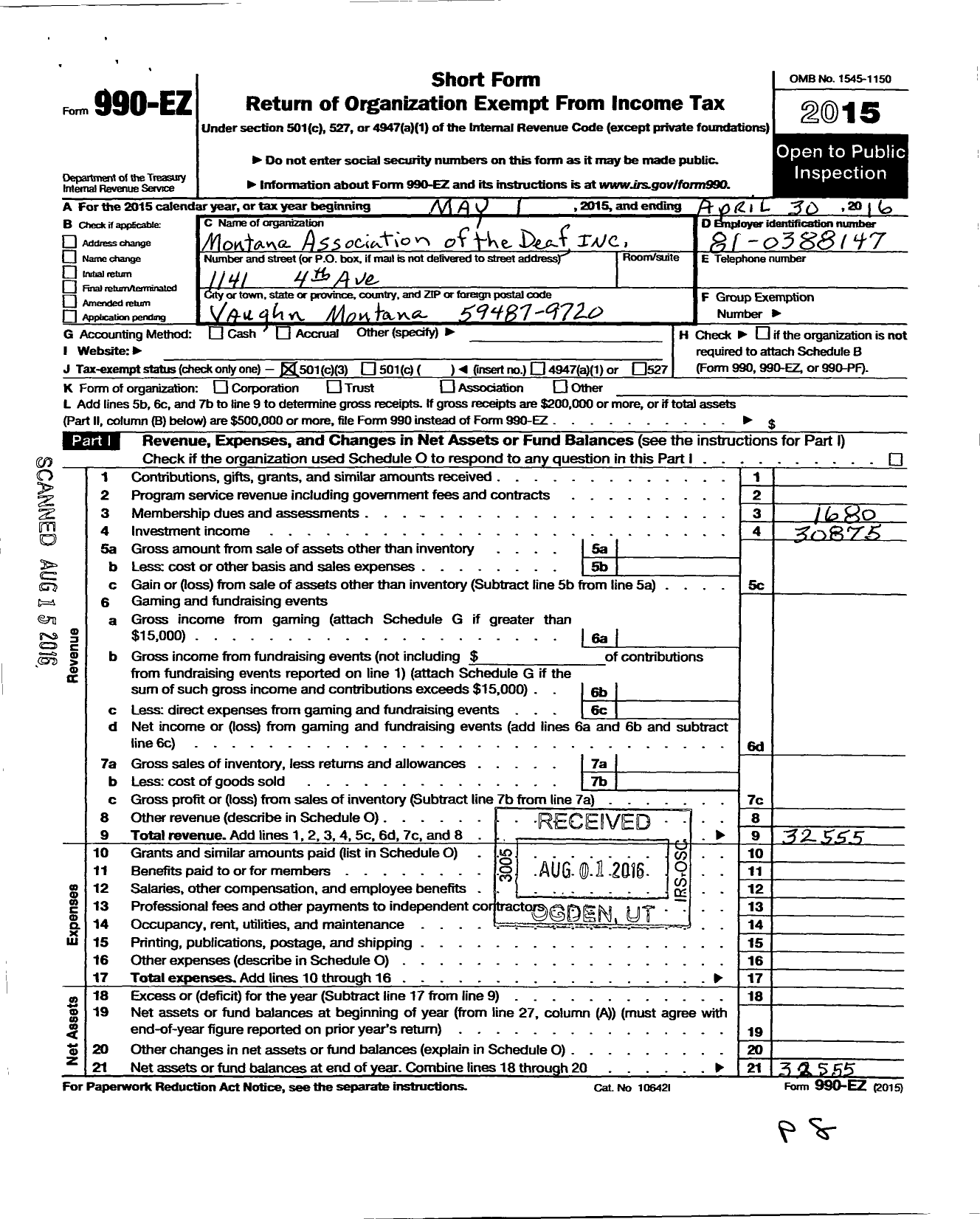 Image of first page of 2015 Form 990EZ for Montana Association of the Deaf