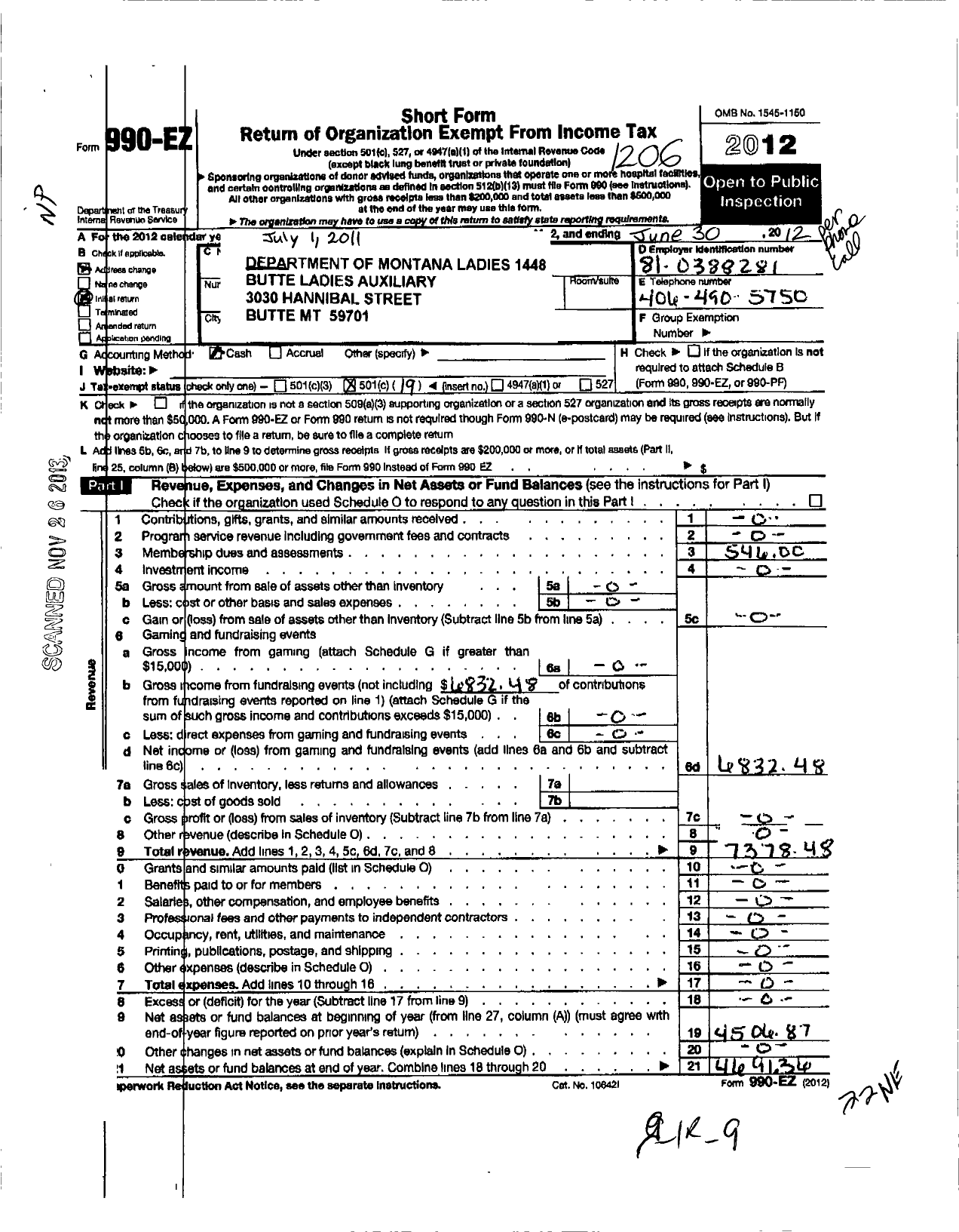 Image of first page of 2011 Form 990EO for Veterans of Foreign Wars of the United States Auxiliary Department - 1448 Butte Auxiliary