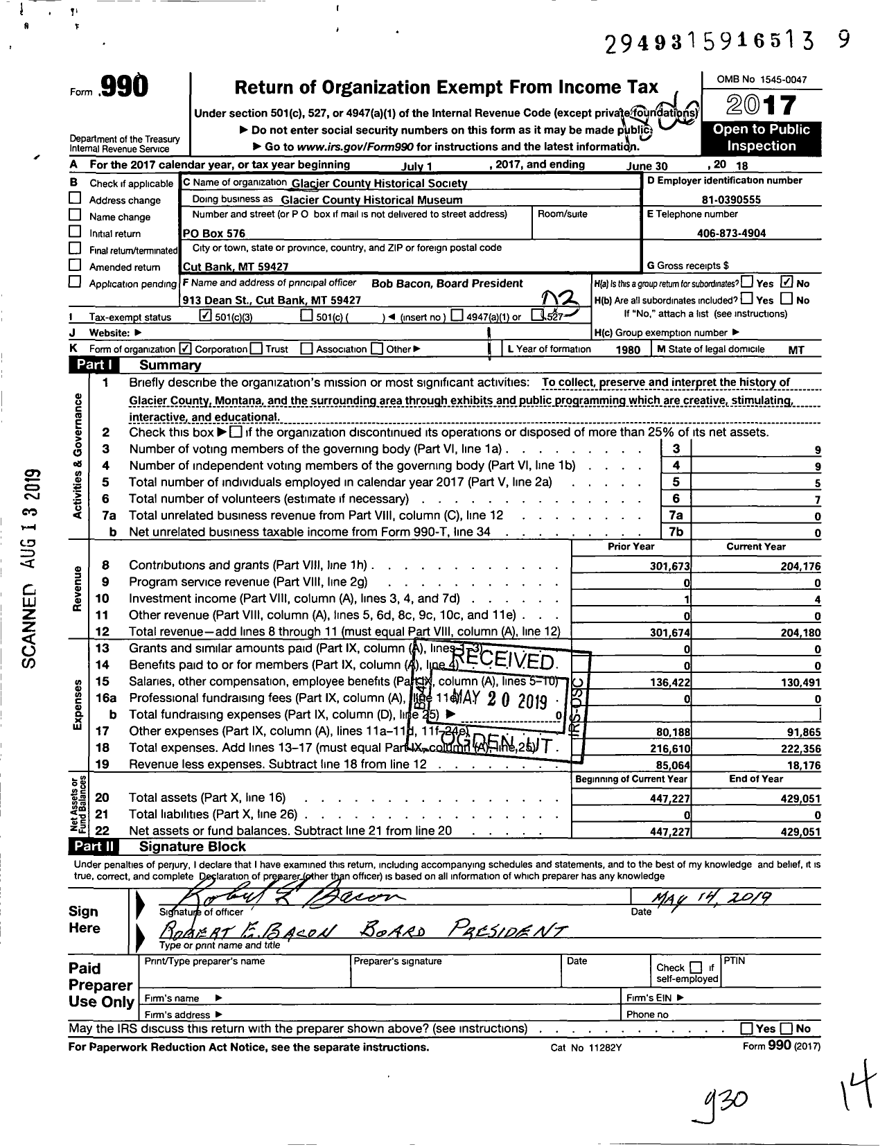 Image of first page of 2017 Form 990 for Glacier County Historical Society