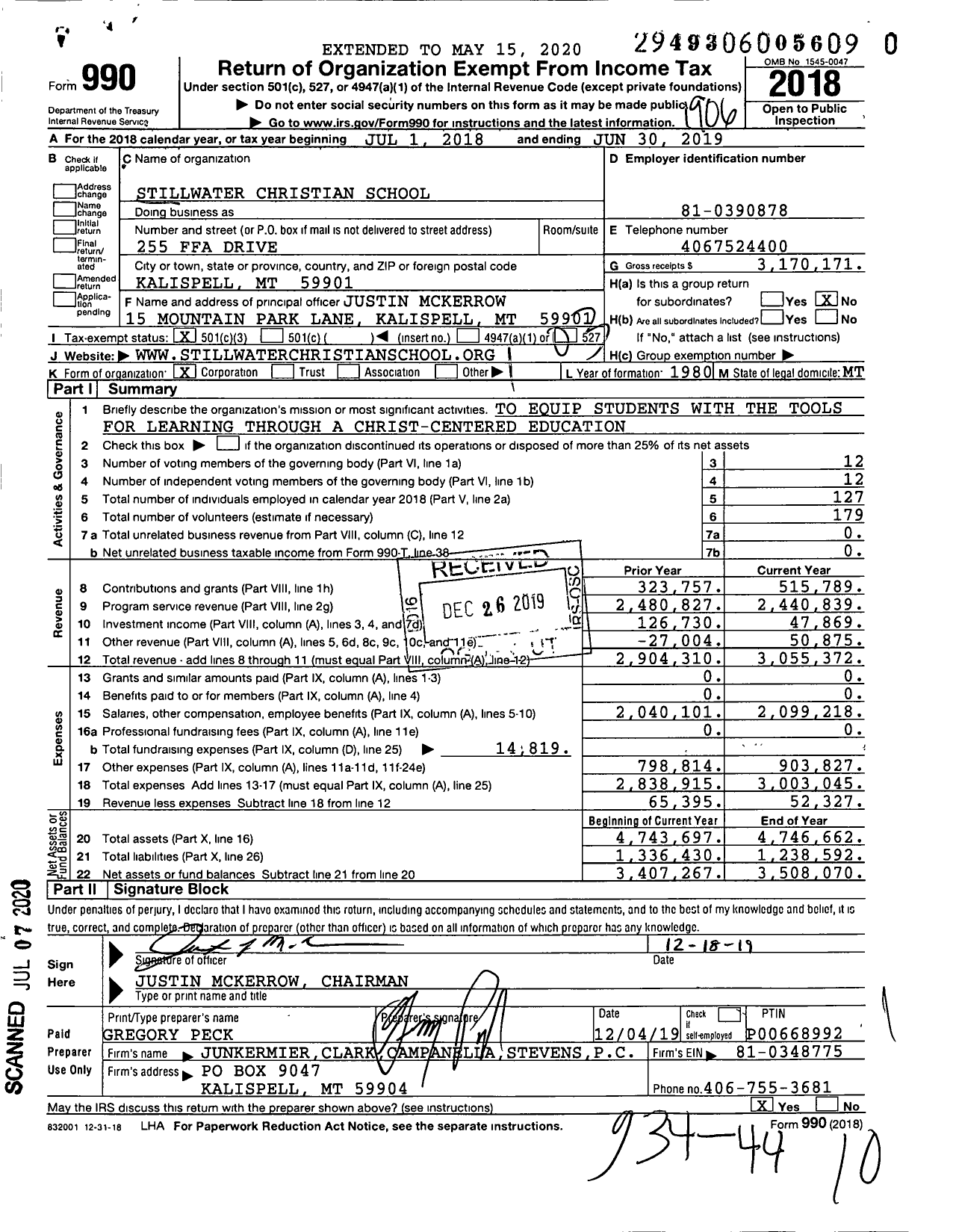 Image of first page of 2018 Form 990 for Stillwater Christian School