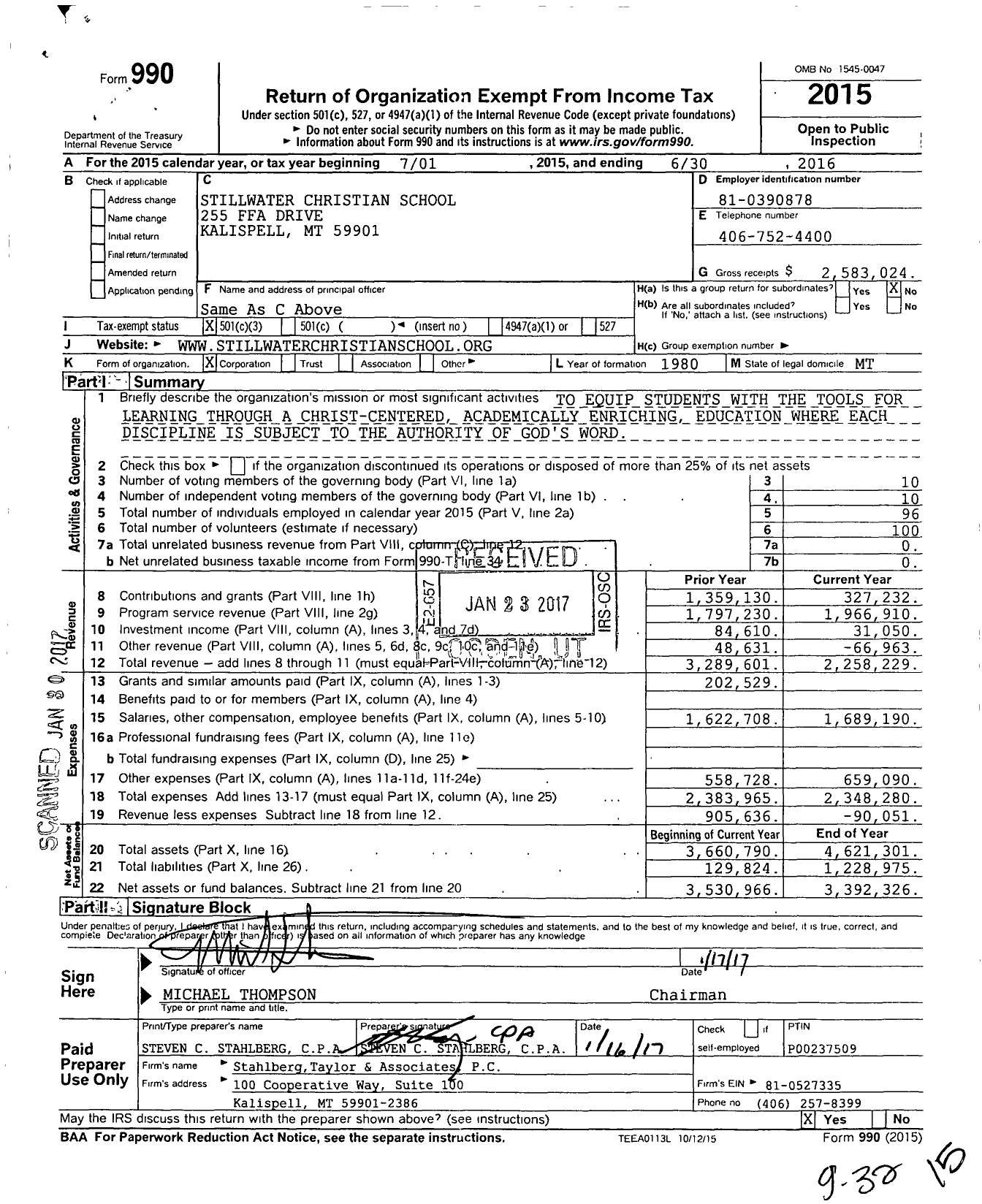 Image of first page of 2015 Form 990 for Stillwater Christian School