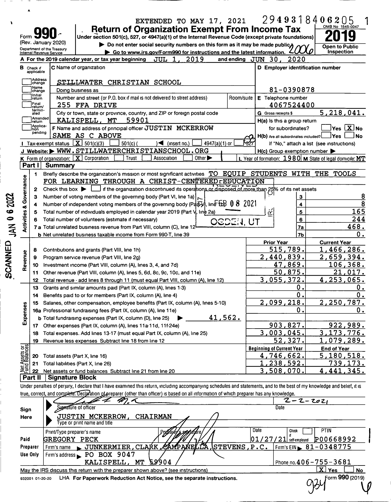 Image of first page of 2019 Form 990 for Stillwater Christian School
