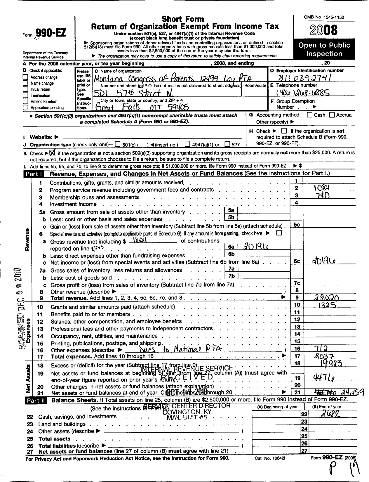 Image of first page of 2008 Form 990EO for Montana Congress of Parents Teachers Students - 12499 Loy PTA