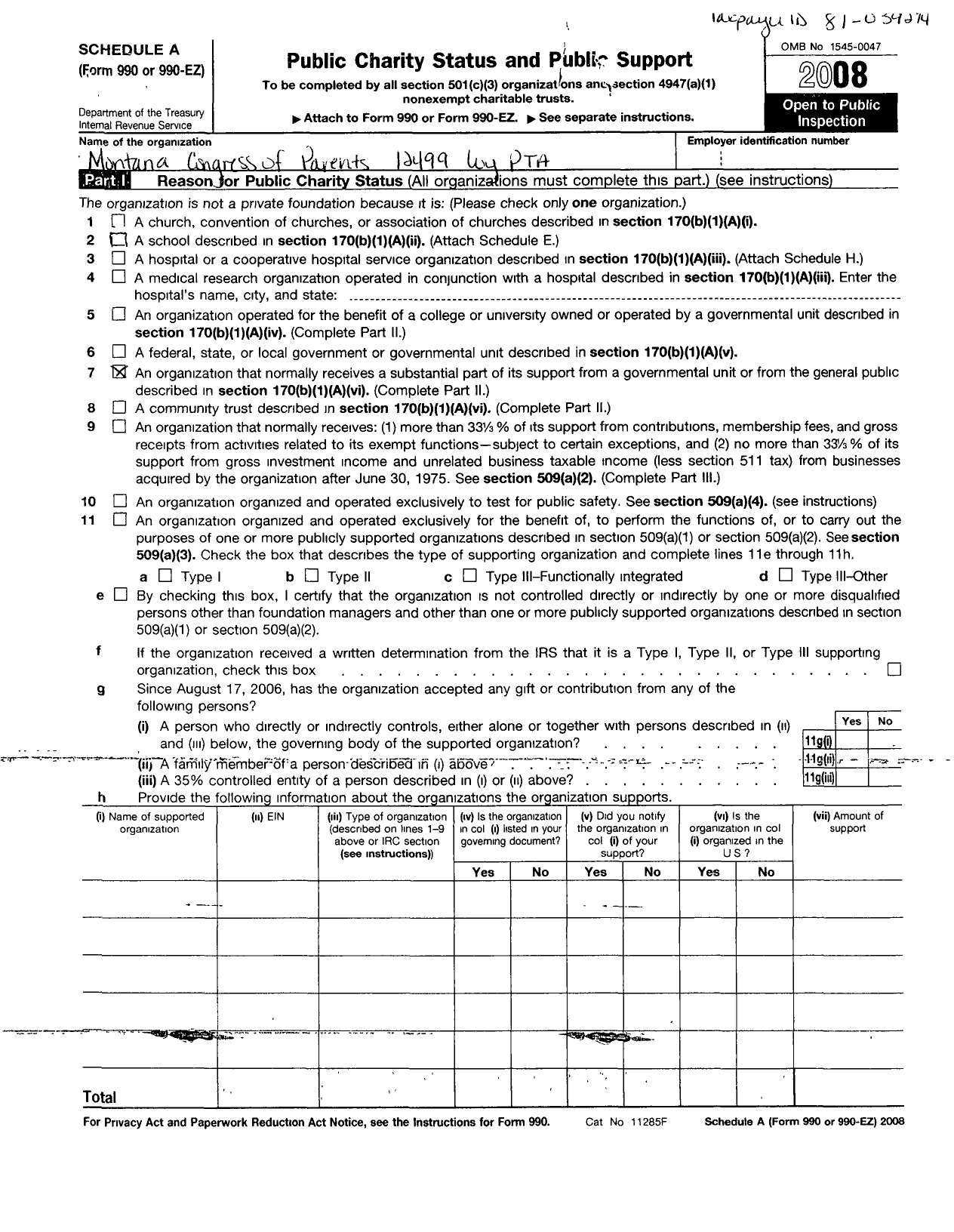 Image of first page of 2008 Form 990ER for Montana Congress of Parents Teachers Students - 12499 Loy PTA