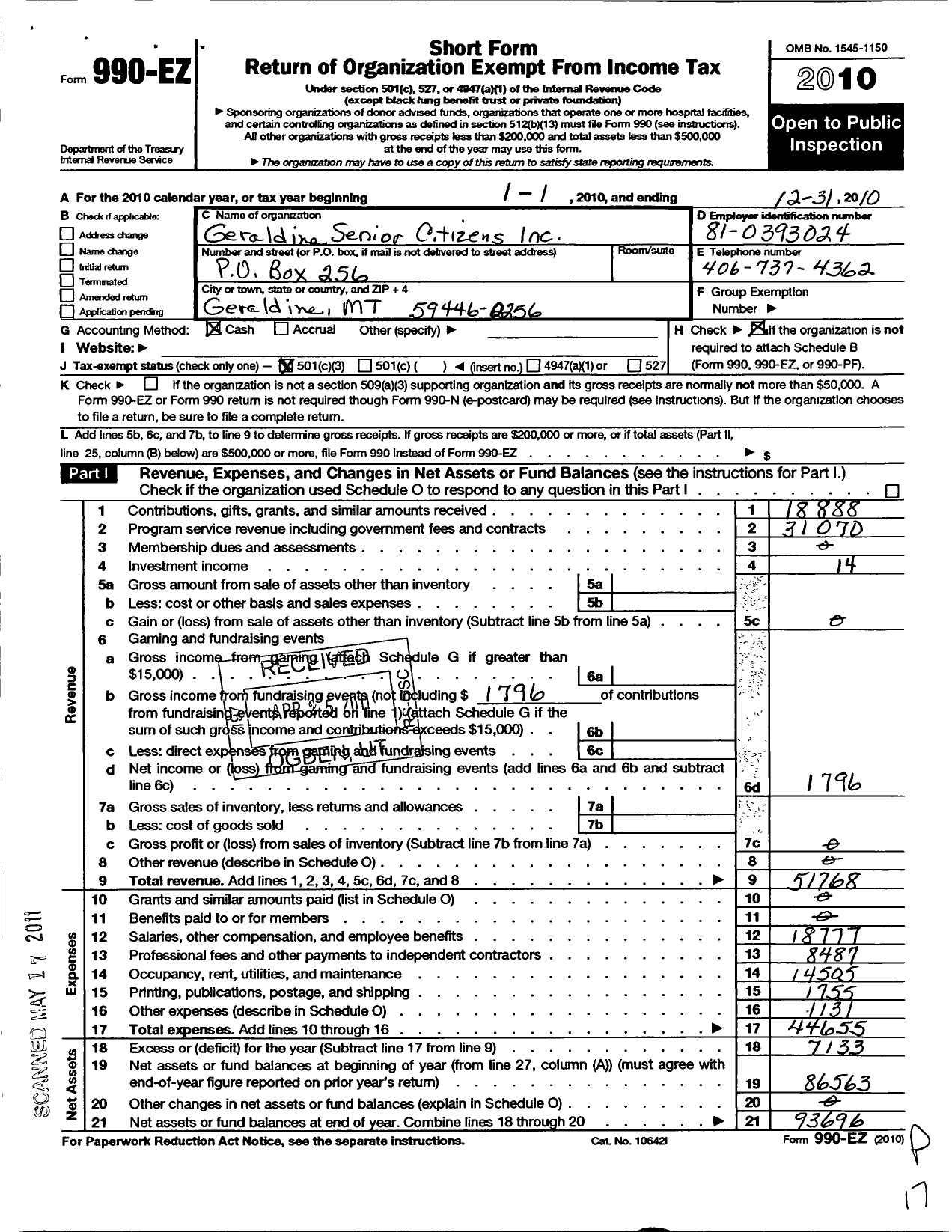 Image of first page of 2010 Form 990EZ for Geraldine Senior Citizens