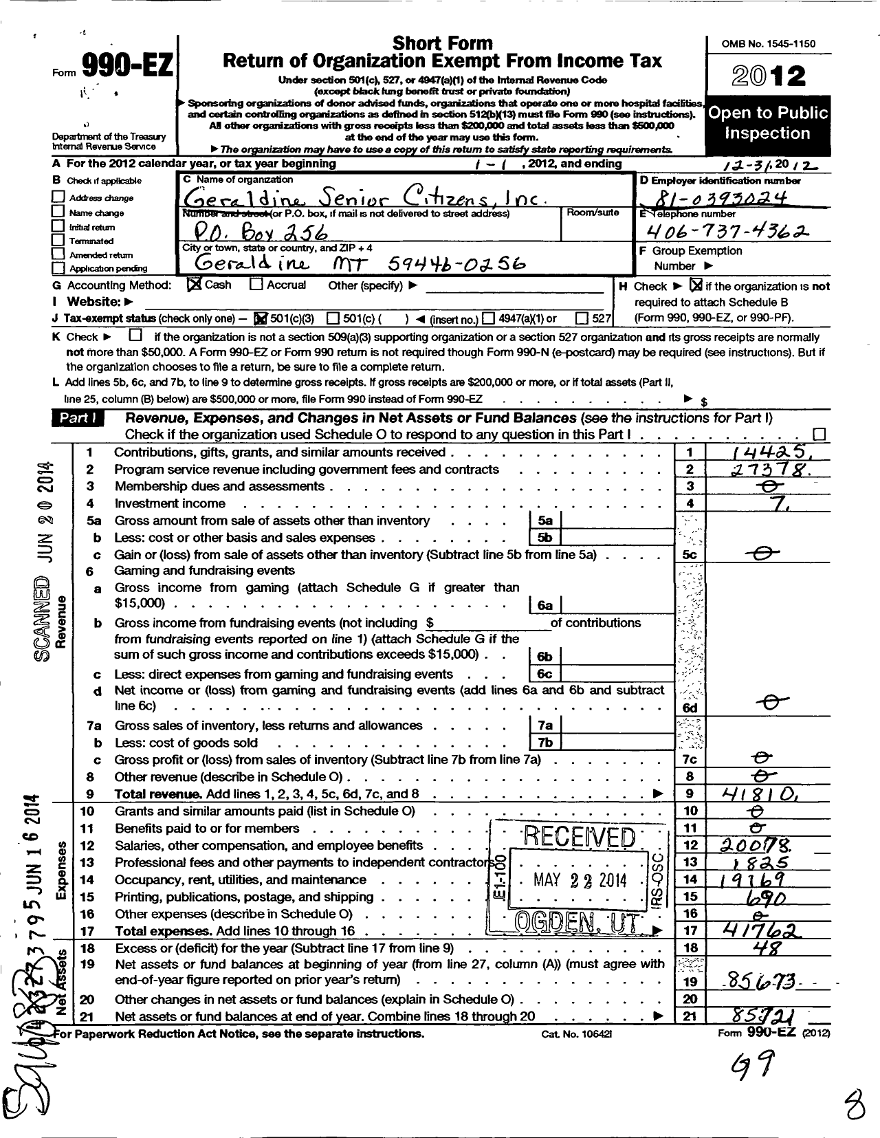 Image of first page of 2012 Form 990EZ for Geraldine Senior Citizens