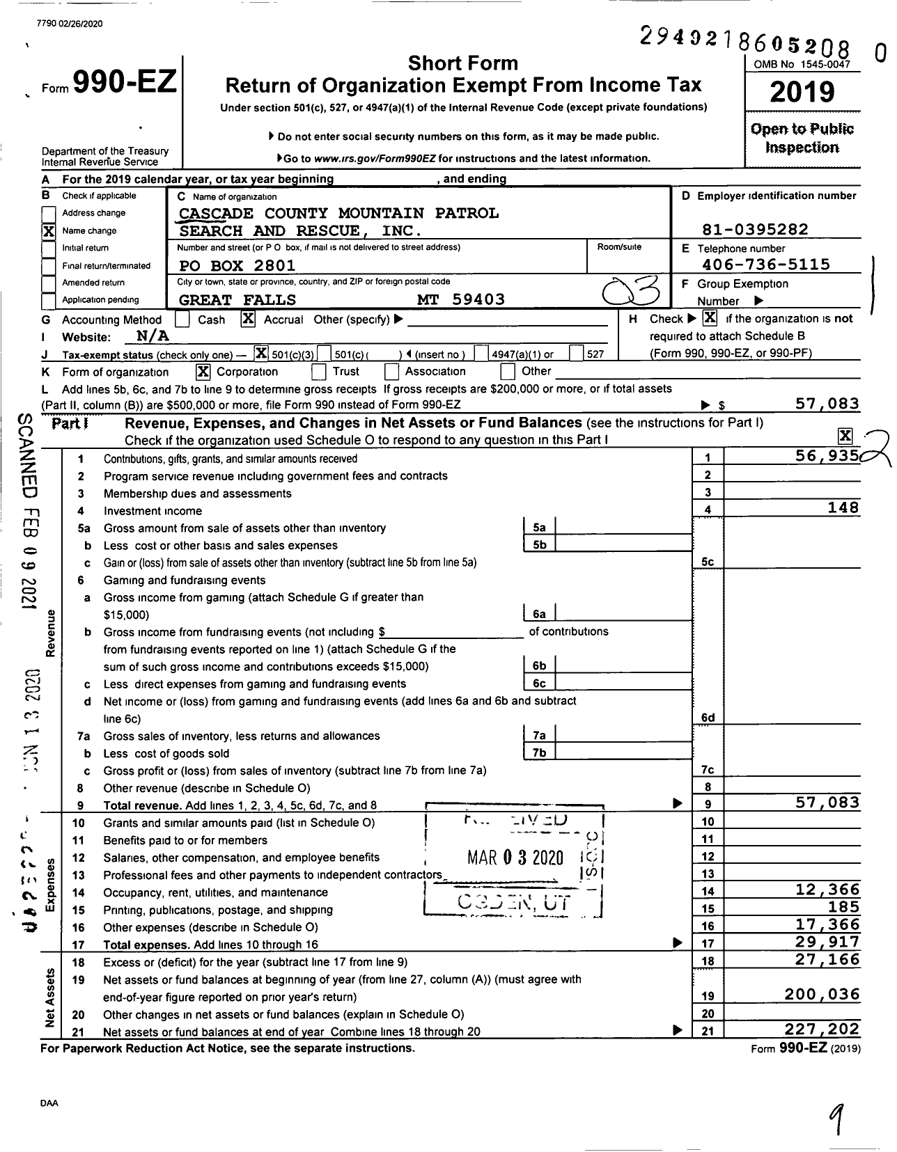 Image of first page of 2019 Form 990EZ for Cascade County Mountain Patrol Search and Rescue