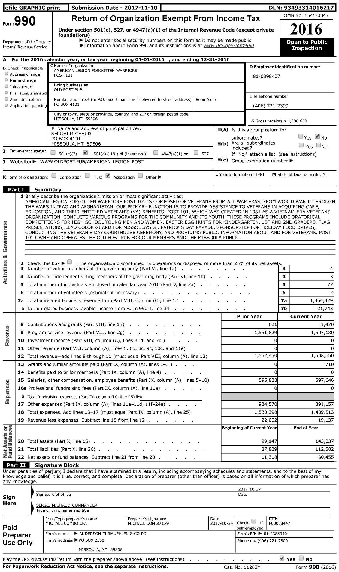 Image of first page of 2016 Form 990 for American Legion - Old Post Pub