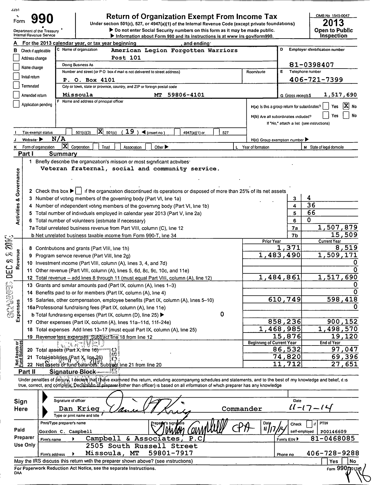 Image of first page of 2013 Form 990O for American Legion - Old Post Pub