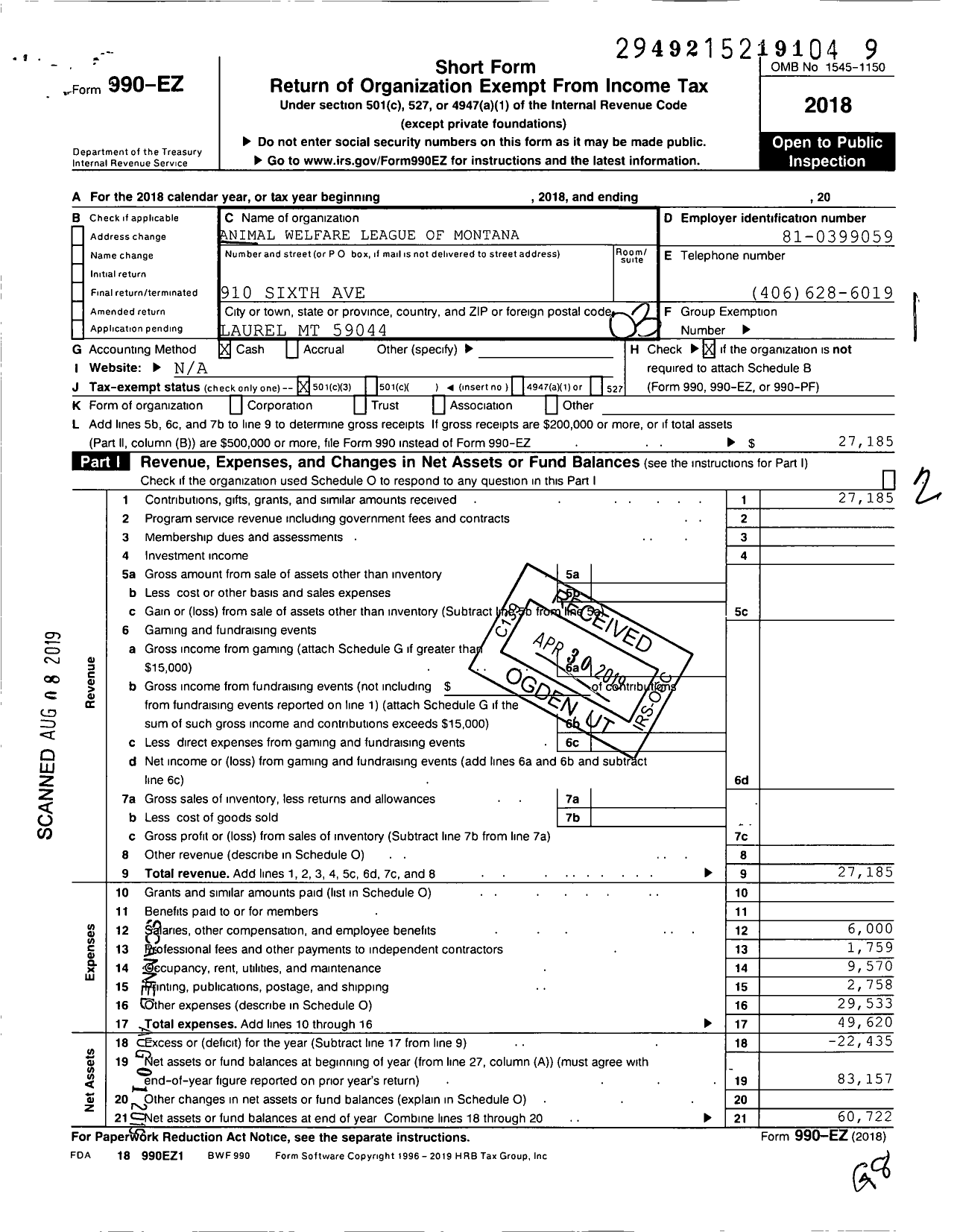 Image of first page of 2018 Form 990EZ for Animal Welfare League of Montana