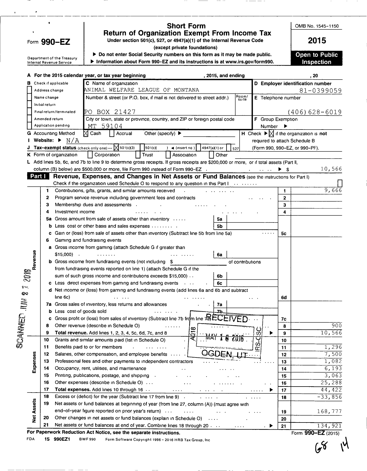 Image of first page of 2015 Form 990EZ for Animal Welfare League of Montana