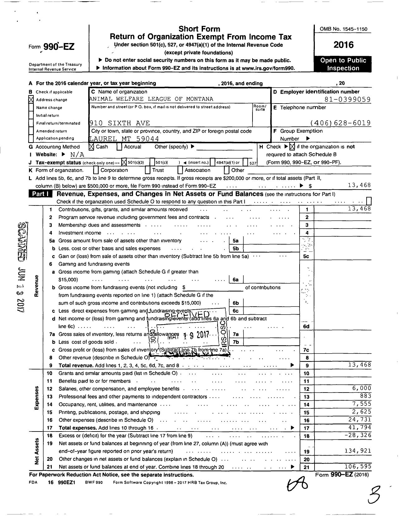 Image of first page of 2016 Form 990EZ for Animal Welfare League of Montana