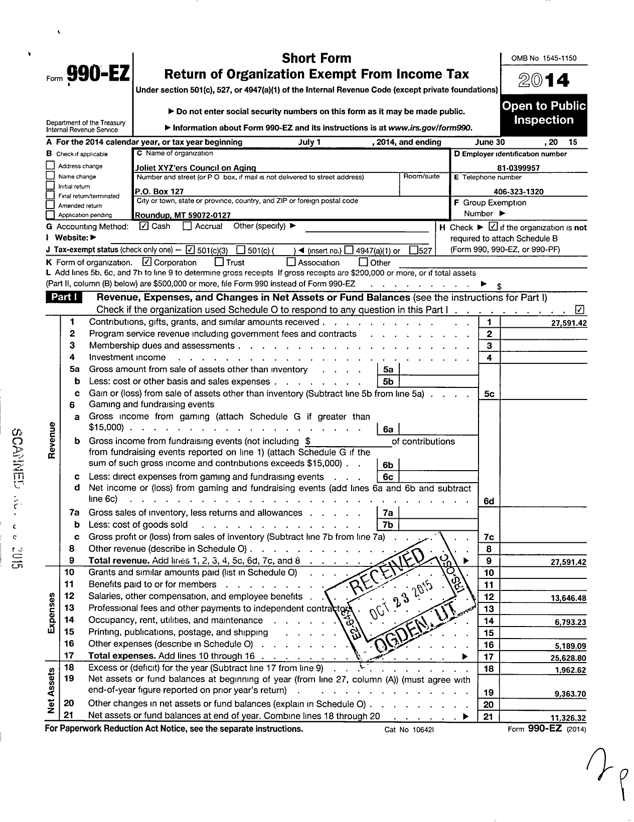 Image of first page of 2014 Form 990EZ for Joliet Xyzers Council on Aging