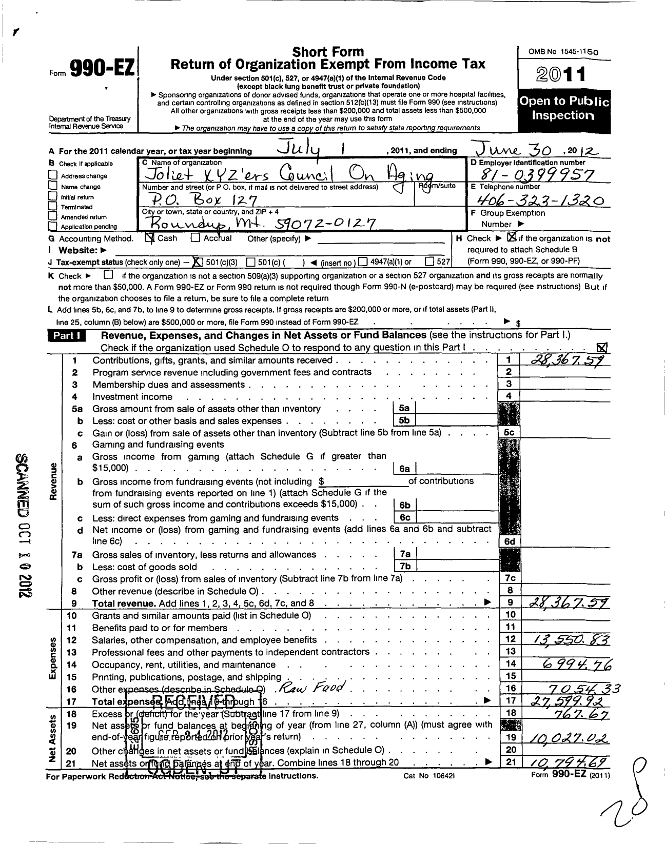 Image of first page of 2011 Form 990EZ for Joliet Xyzers Council on Aging