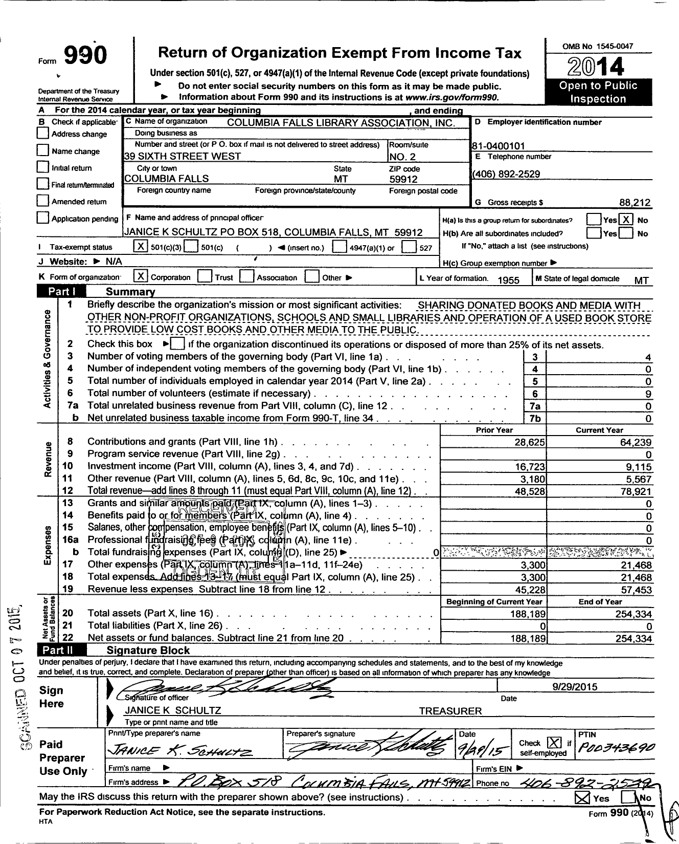 Image of first page of 2014 Form 990 for Columbia Falls Library Association