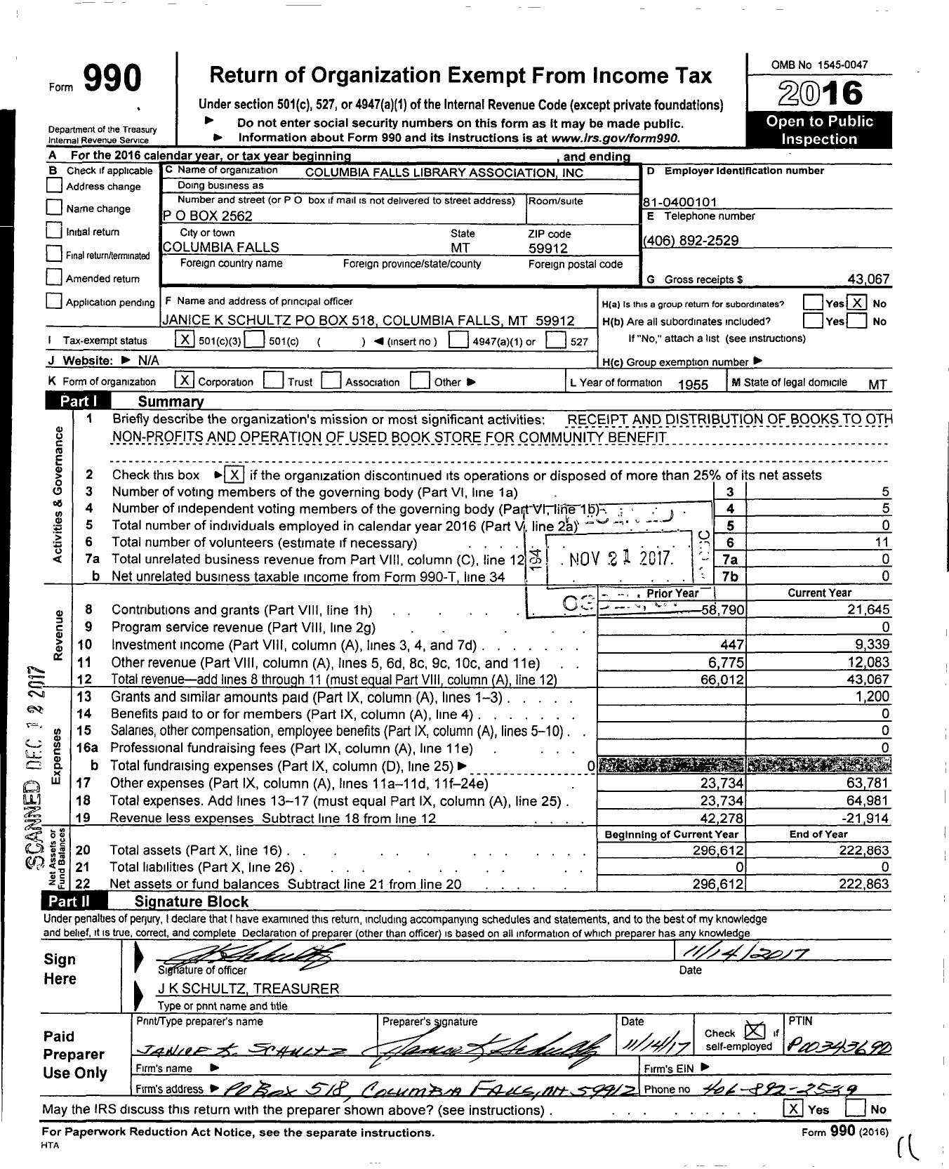 Image of first page of 2016 Form 990 for Columbia Falls Library Association