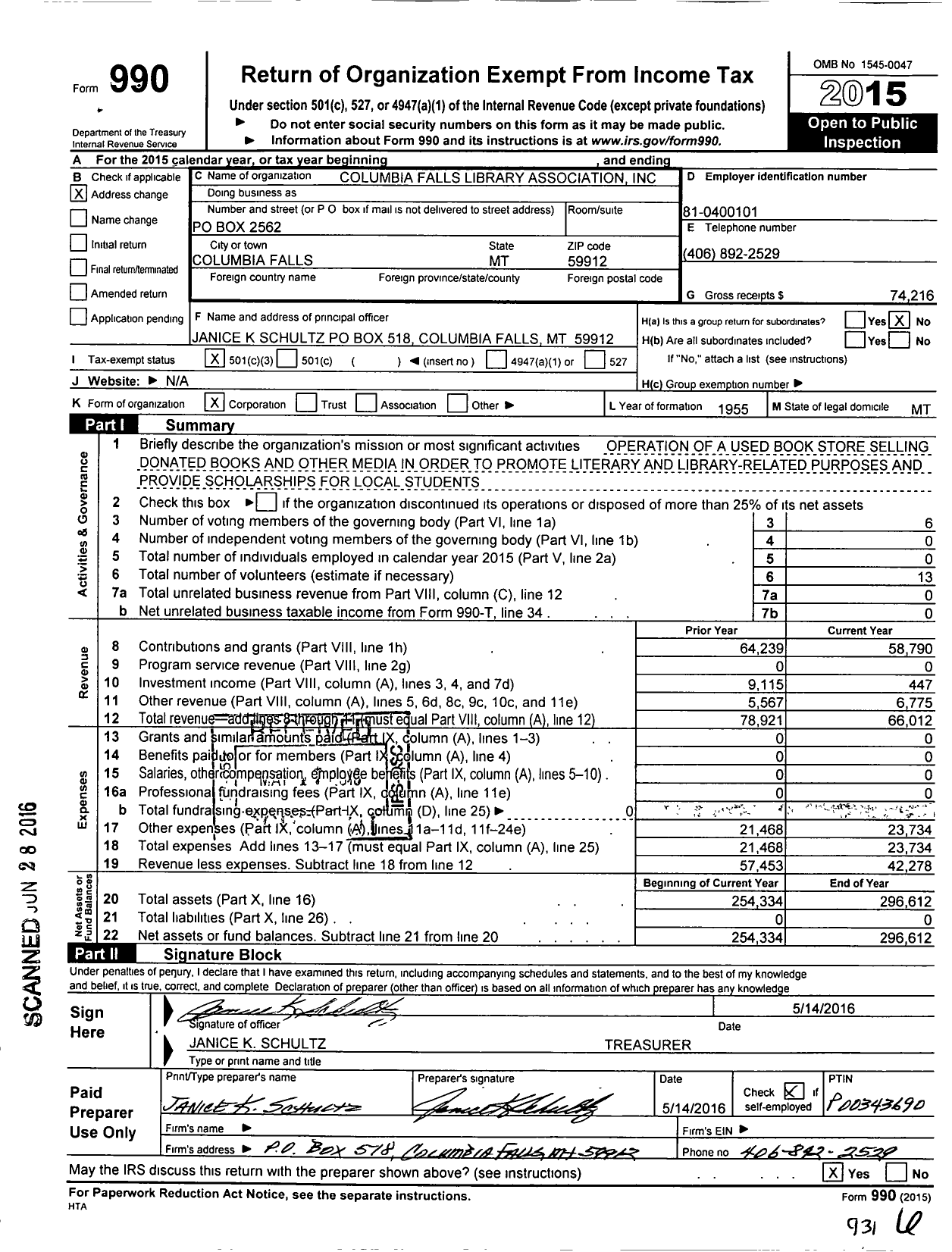 Image of first page of 2015 Form 990 for Columbia Falls Library Association