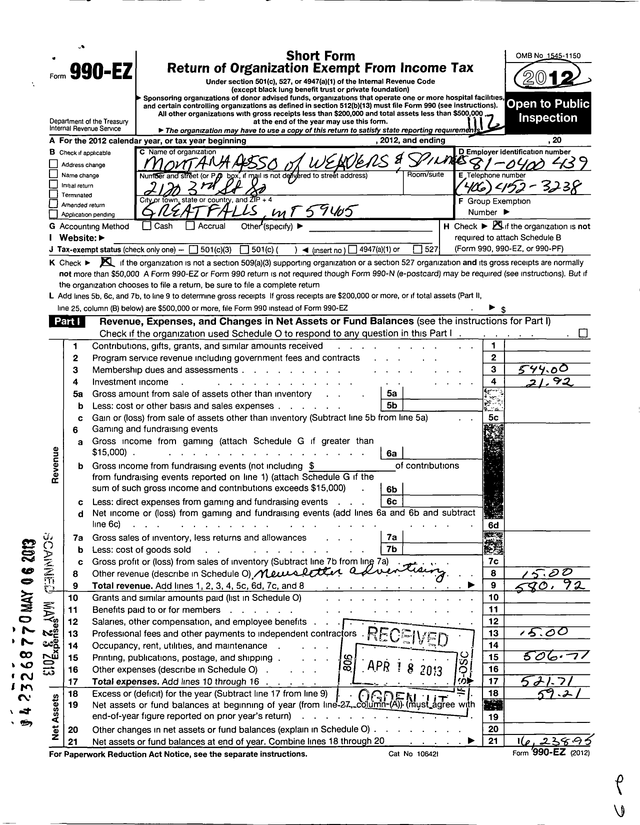 Image of first page of 2011 Form 990EO for Montana Association of Weavers and Spinners