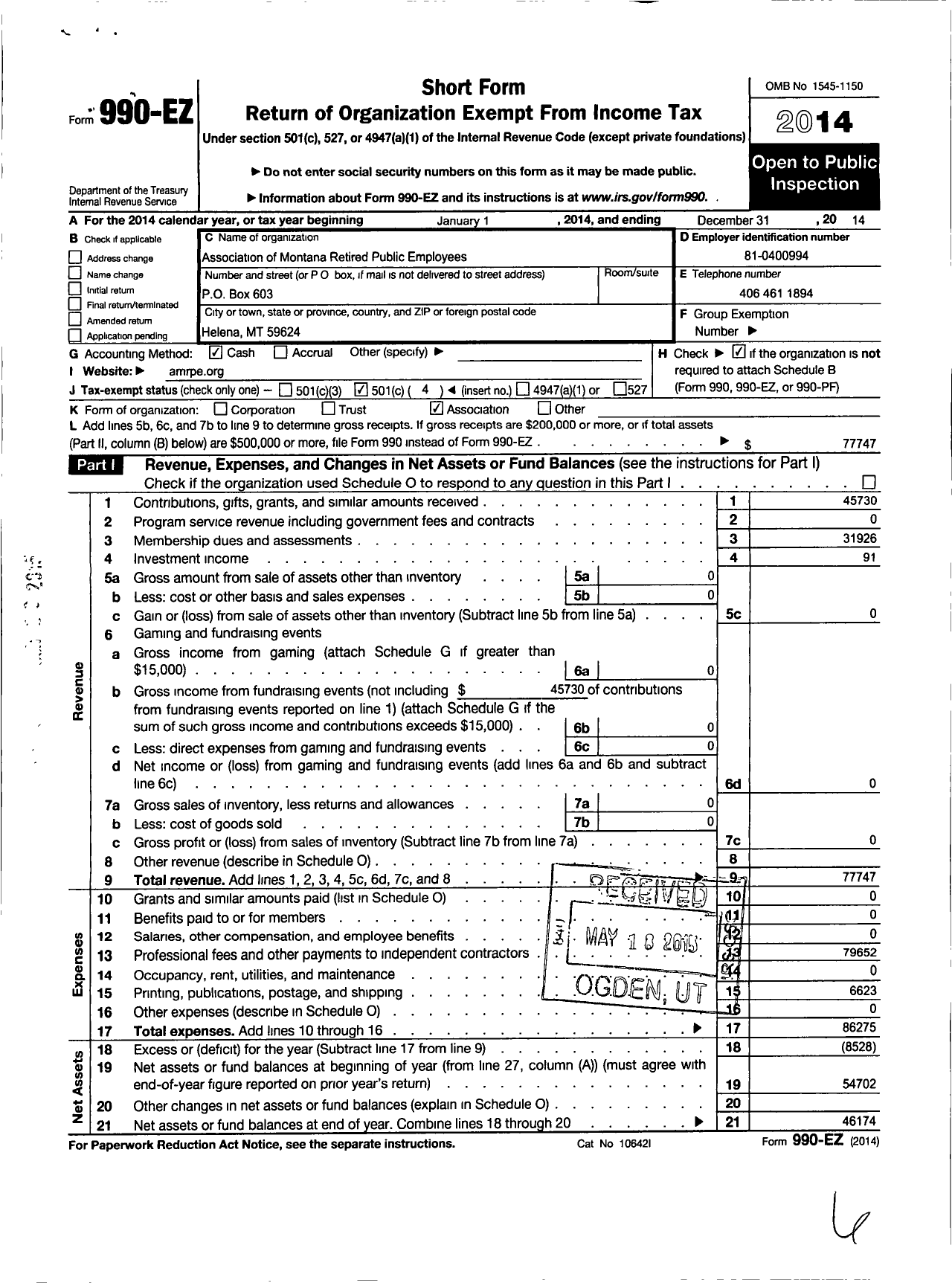 Image of first page of 2014 Form 990EO for Association of Montana Retired Employees