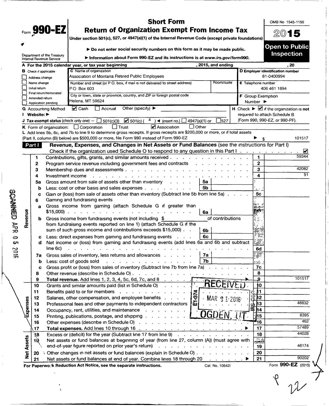 Image of first page of 2015 Form 990EO for Association of Montana Retired Employees