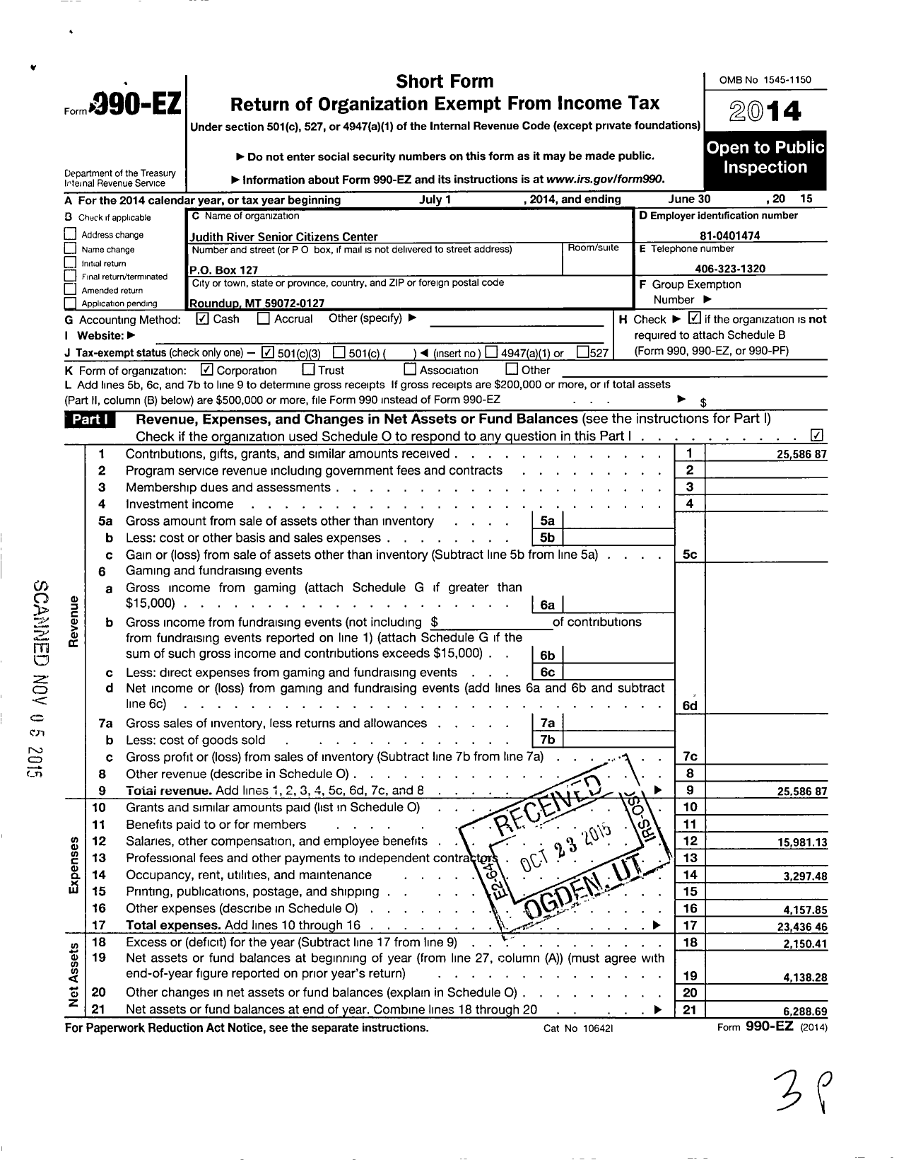 Image of first page of 2014 Form 990EZ for Judith River Senior Citizens Center