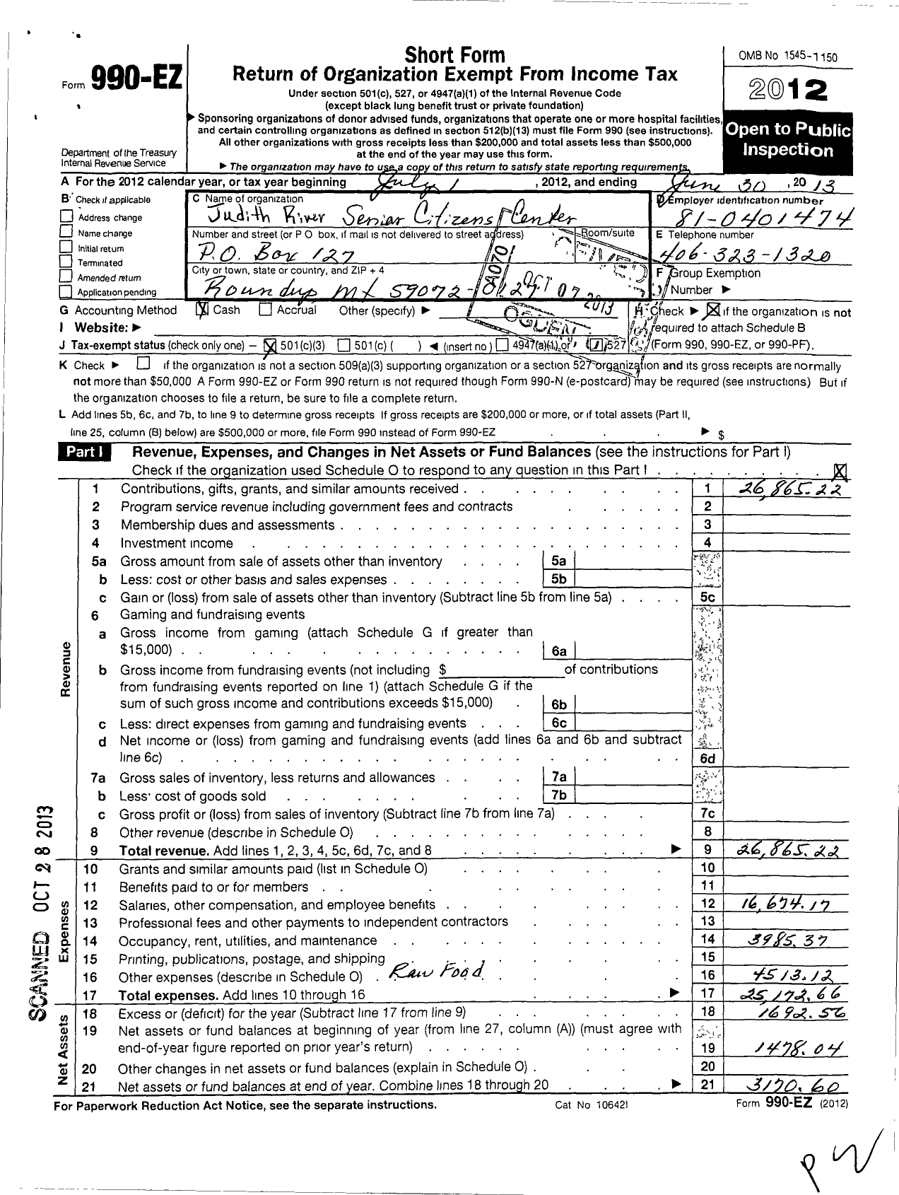 Image of first page of 2012 Form 990EZ for Judith River Senior Citizens Center