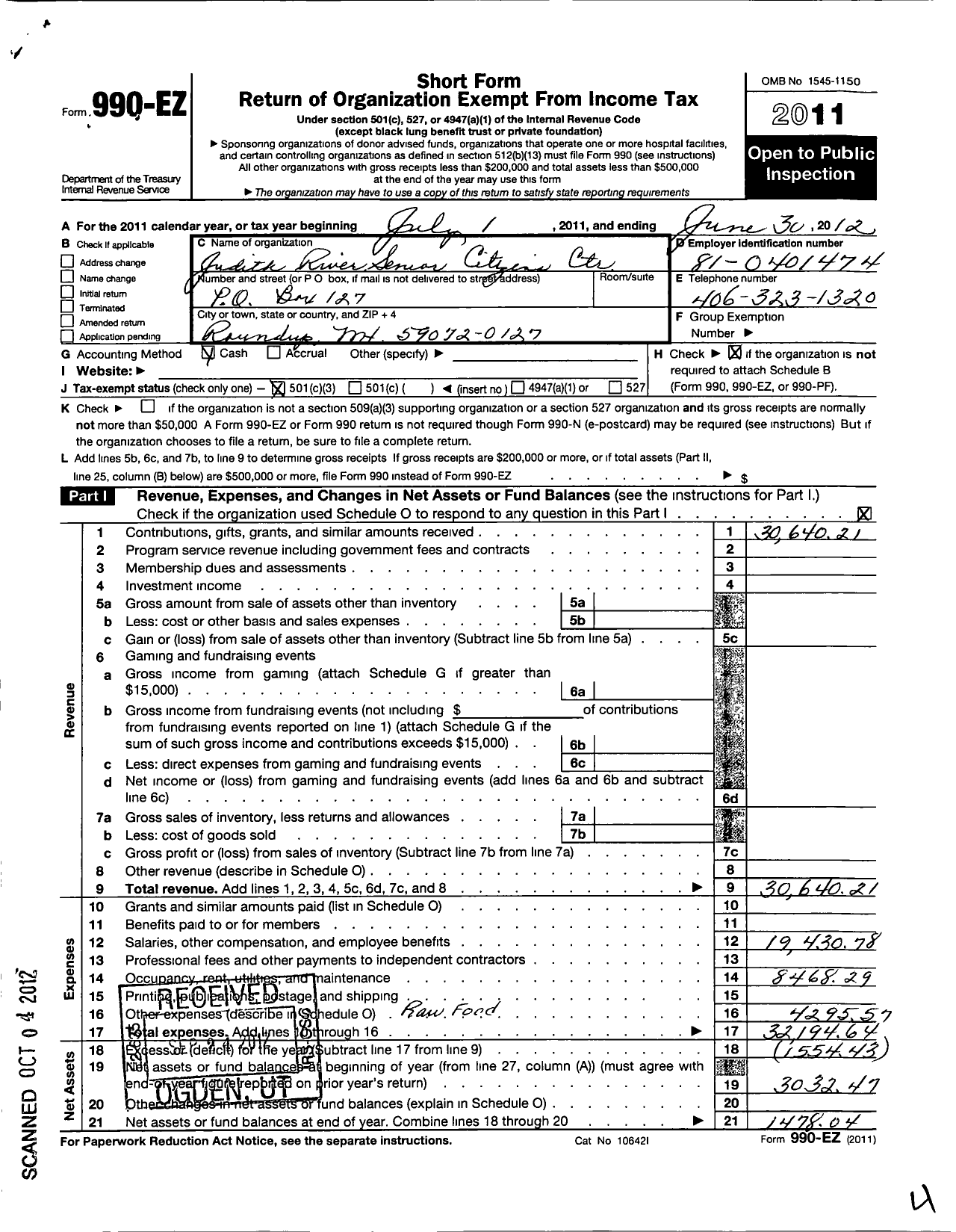 Image of first page of 2011 Form 990EZ for Judith River Senior Citizens Center