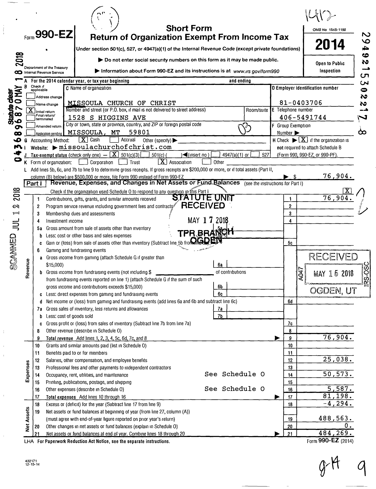 Image of first page of 2014 Form 990EZ for Missoula Church of Christ