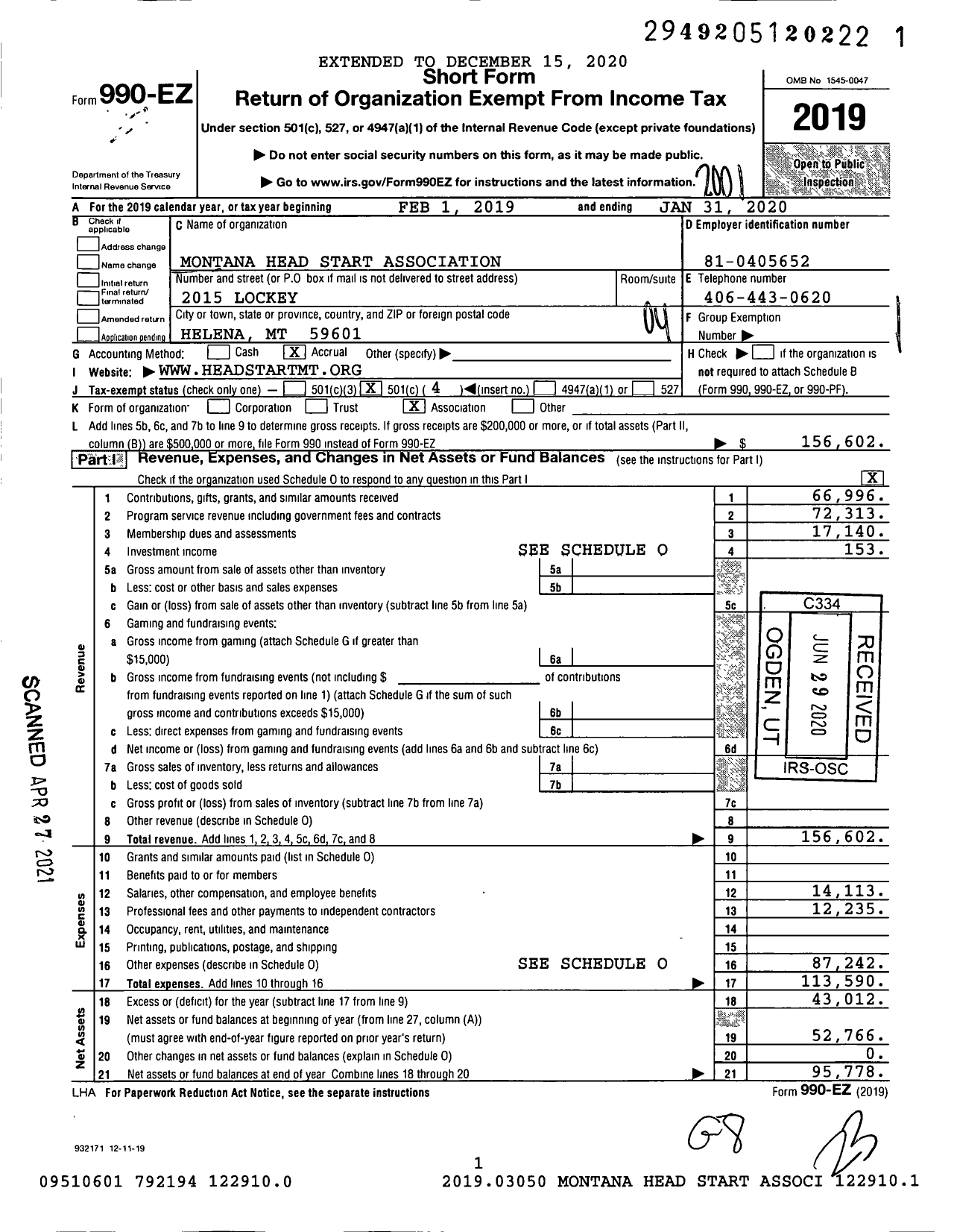 Image of first page of 2019 Form 990EO for Montana Head Start Association