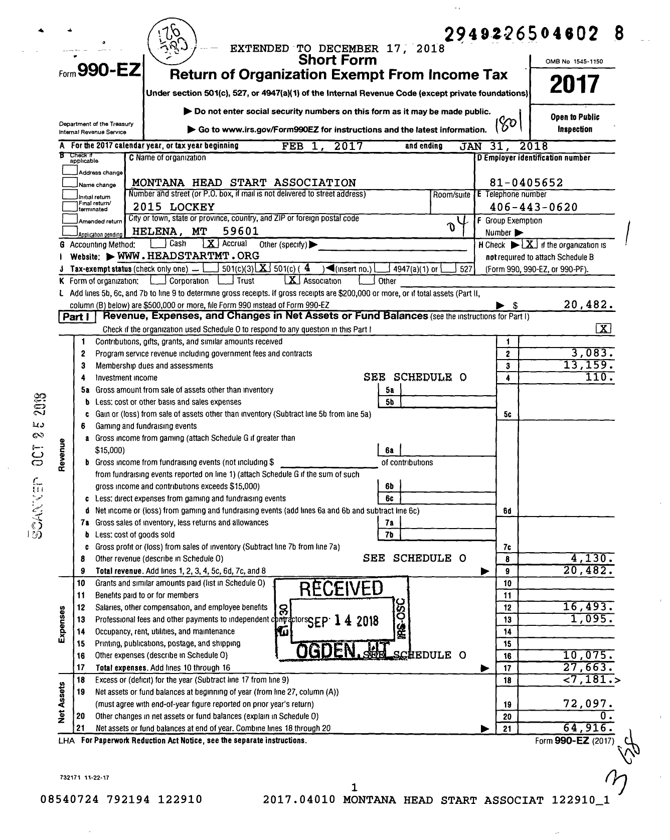 Image of first page of 2017 Form 990EO for Montana Head Start Association