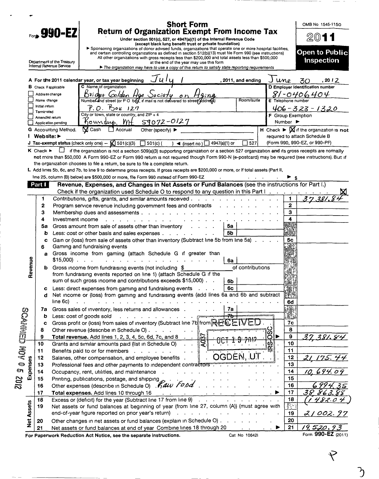 Image of first page of 2011 Form 990EZ for Bridger Golden Age Society on Aging