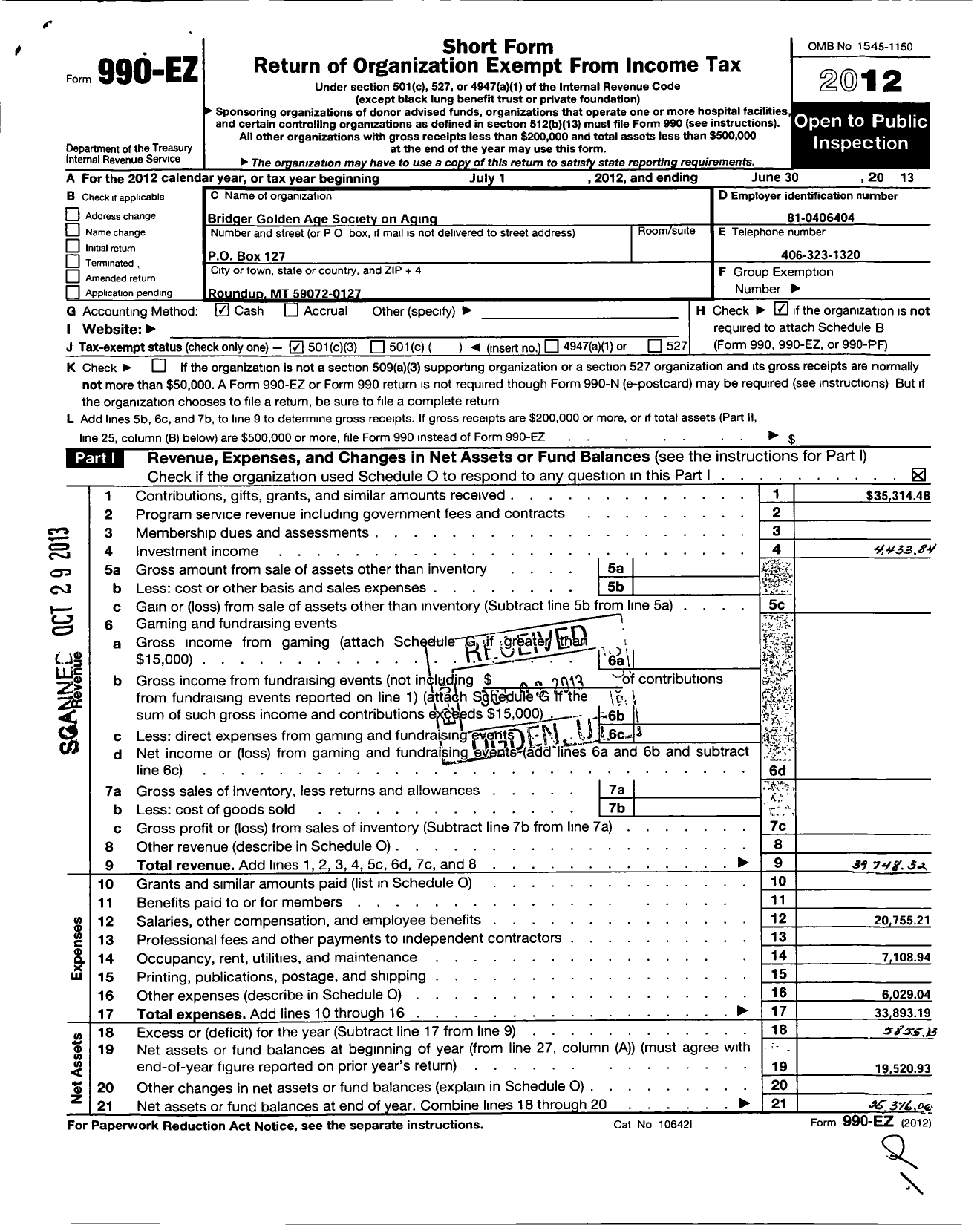 Image of first page of 2012 Form 990EZ for Bridger Golden Age Society on Aging