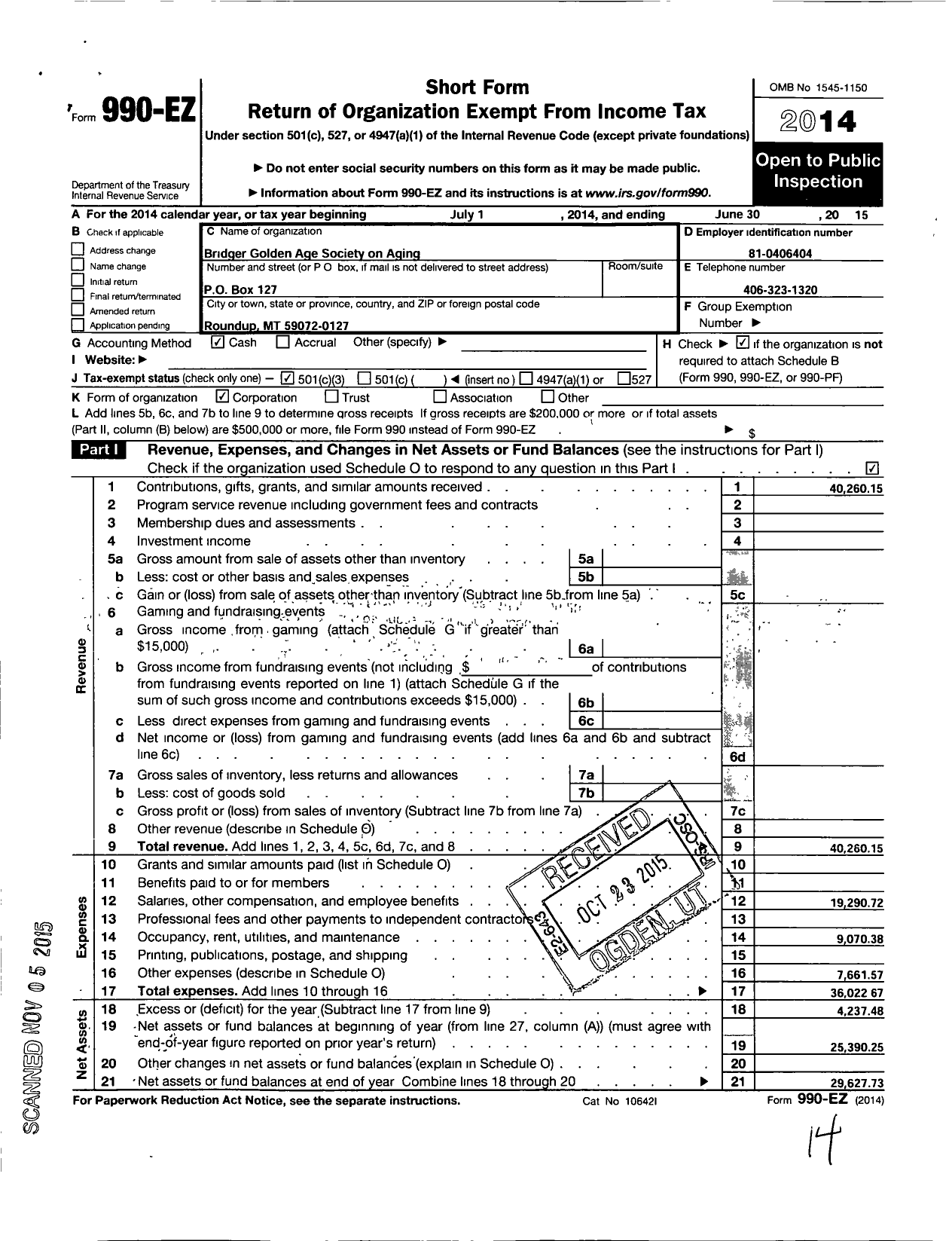 Image of first page of 2014 Form 990EZ for Bridger Golden Age Society on Aging