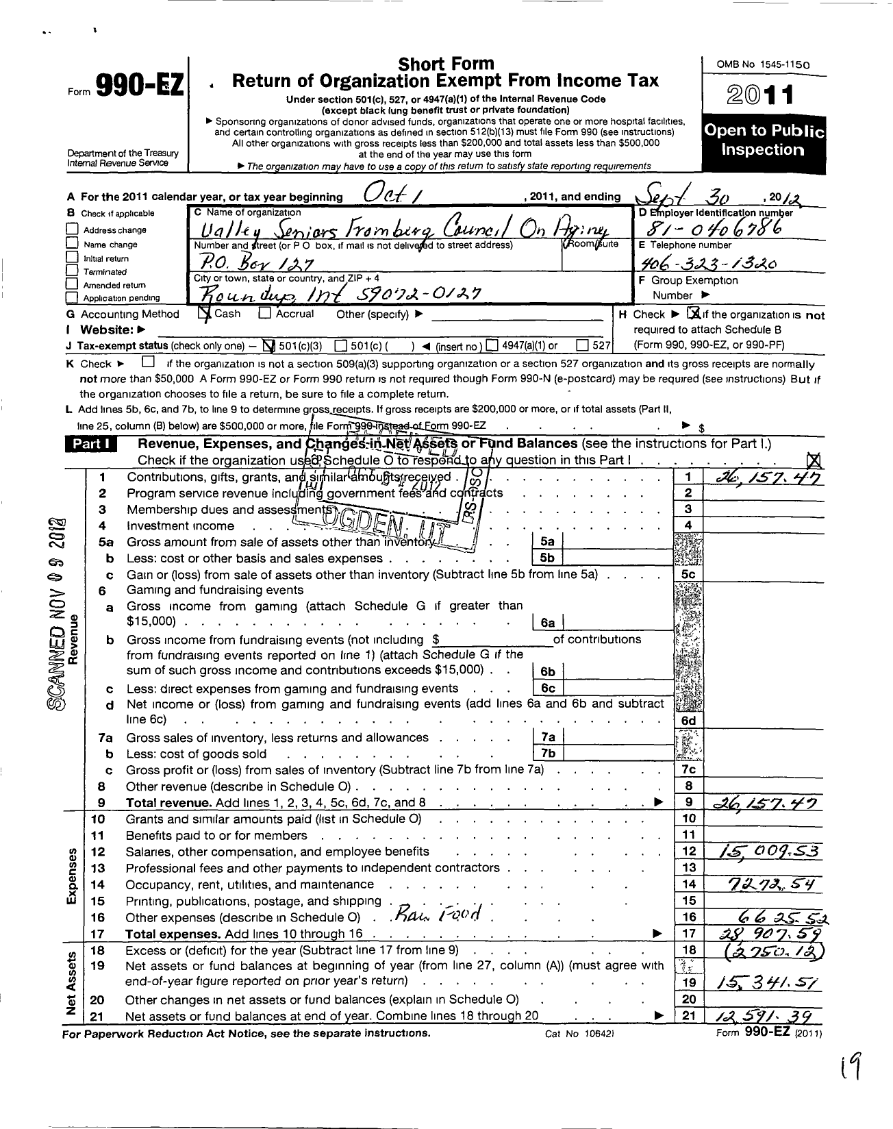 Image of first page of 2011 Form 990EZ for Valley Seniors Fromberg Council on Aging