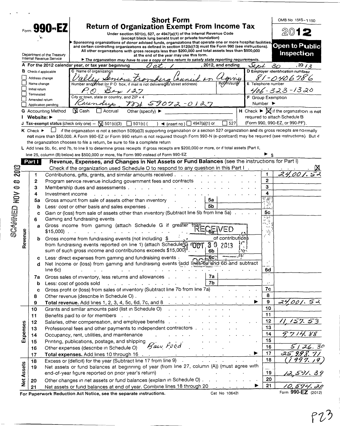 Image of first page of 2012 Form 990EZ for Valley Seniors Fromberg Council on Aging